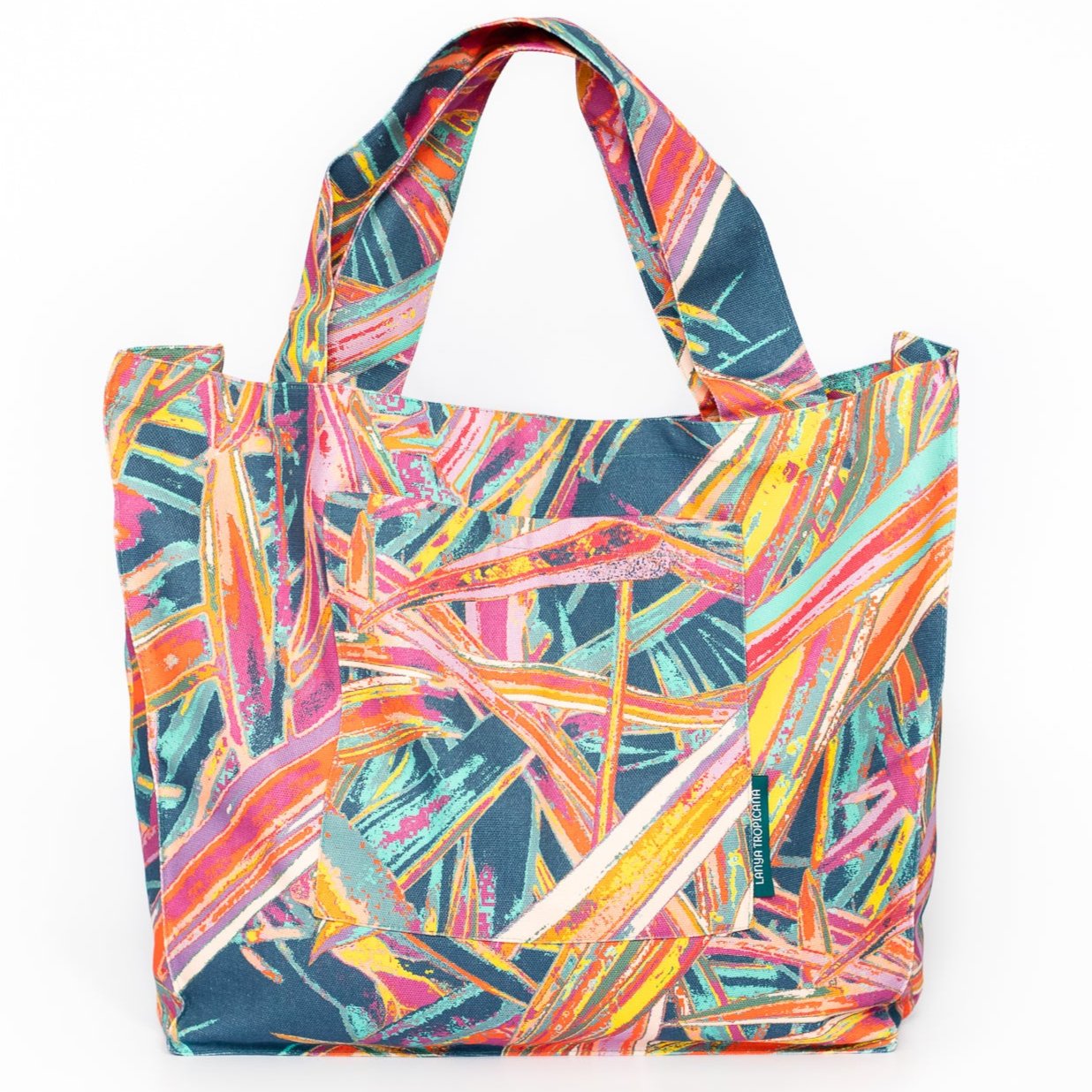 LANYA TROPICANA FROOTI JUNGLE PRINT DESIGN ORGANIC COTTON CANVAS COLOURFUL MAXIMAL SUSTAINABLE TOTE BAG FRONT POCKET