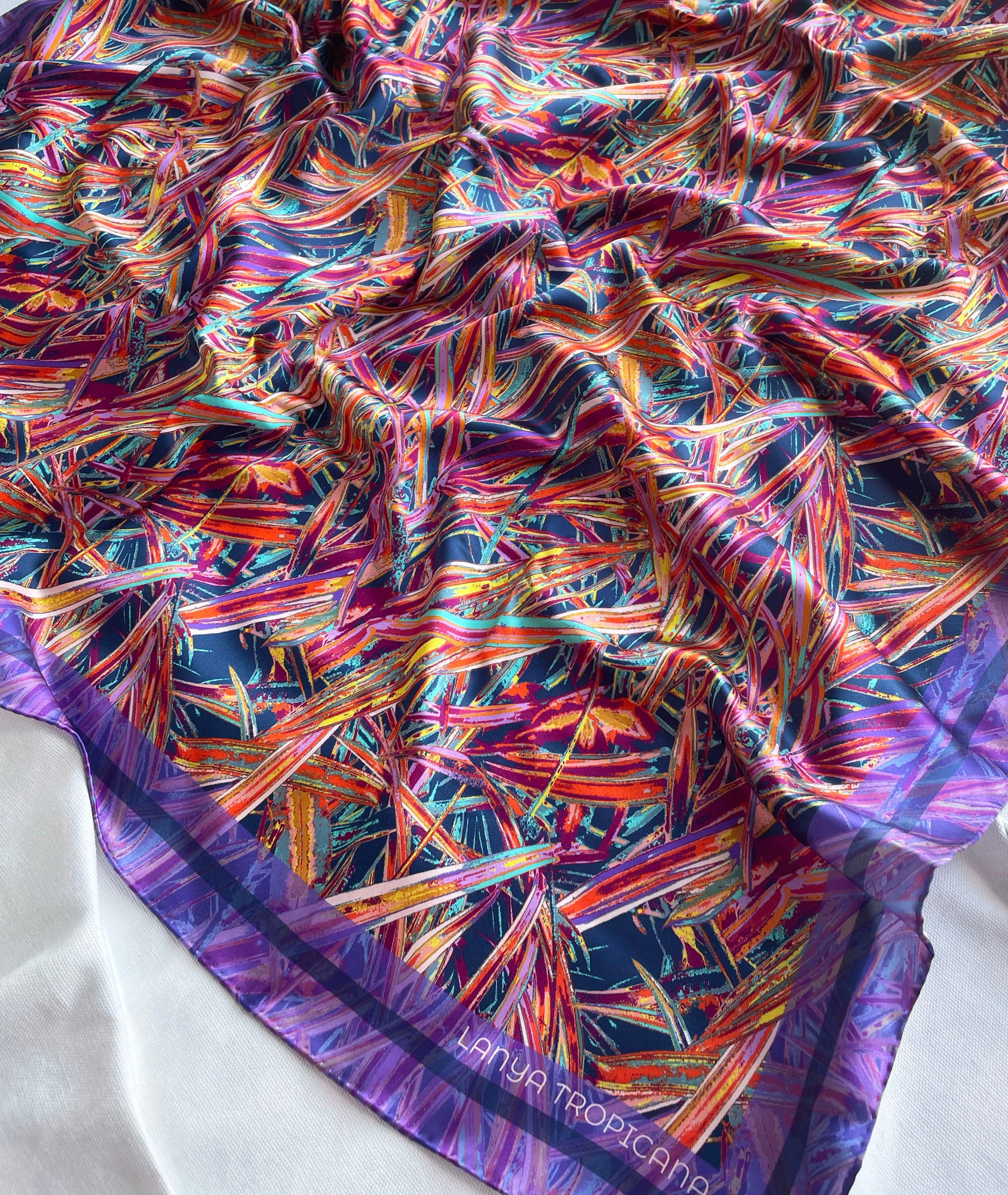 LANYA TROPICANA FROOTI JUNGLE PRINT ORGANIC SILK SCARF CORNER