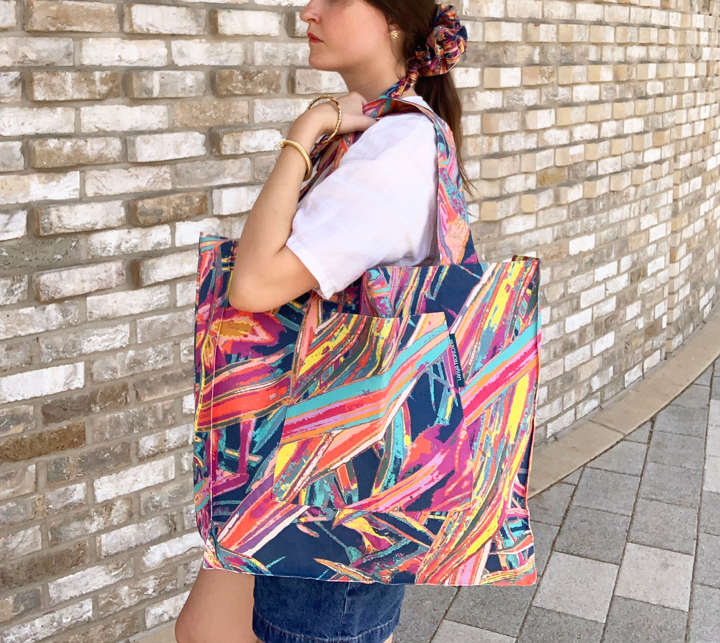 LANYA TROPICANA FROOTI JUNGLE PRINT TOTE BAG SILK SCRUNCHIE WORN
