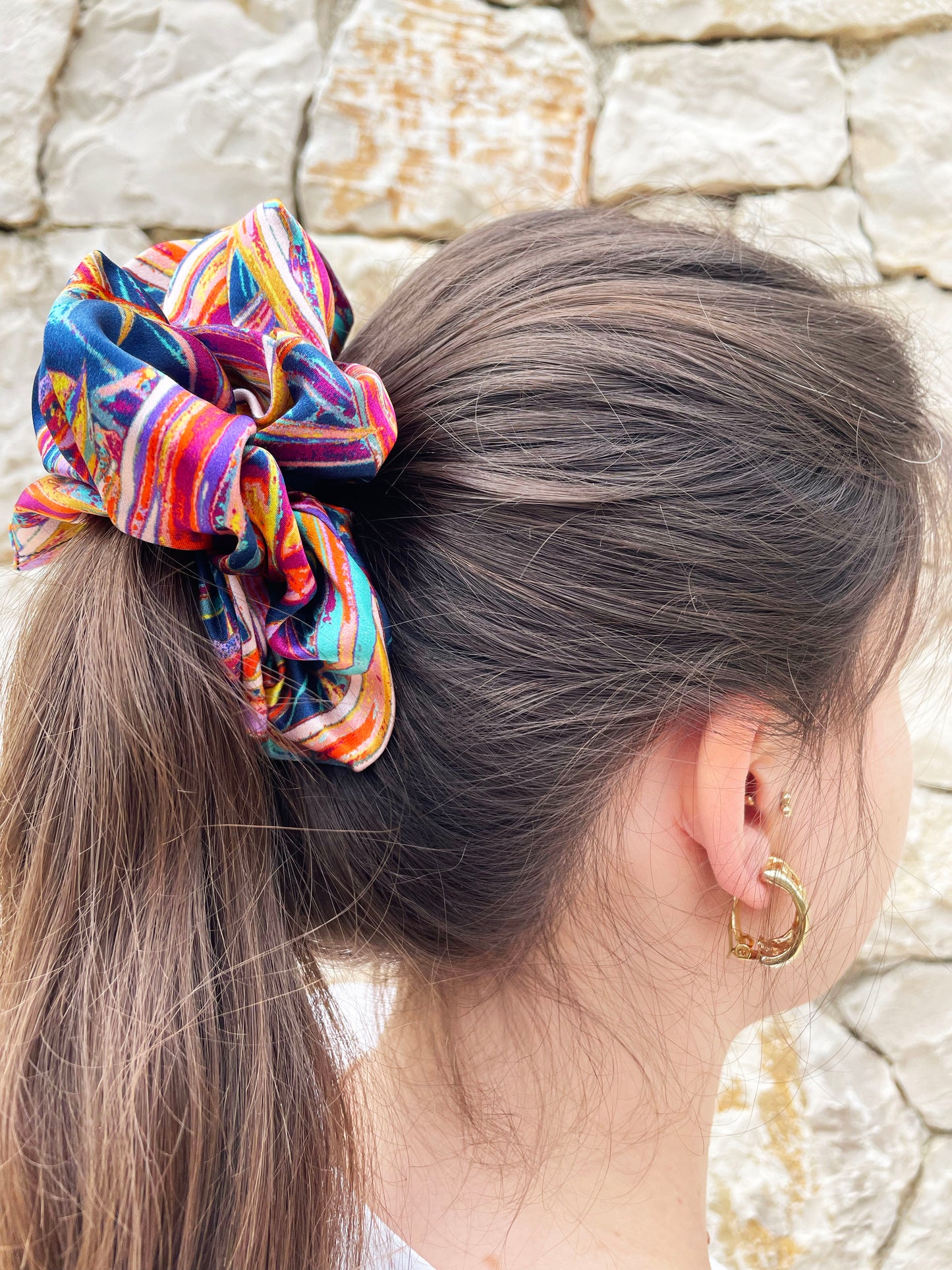 LANYA TROPICANA FROOTI JUNGLE SILK SCRUNCHIE AS WORN UPCLOSE