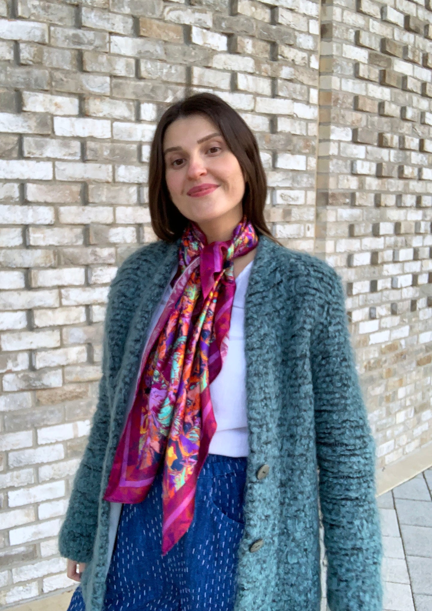LANYA TROPICANA FROOTI ORCHADIA PRINT ORGANIC SILK HANDROLL HEMMED SCARF WORN