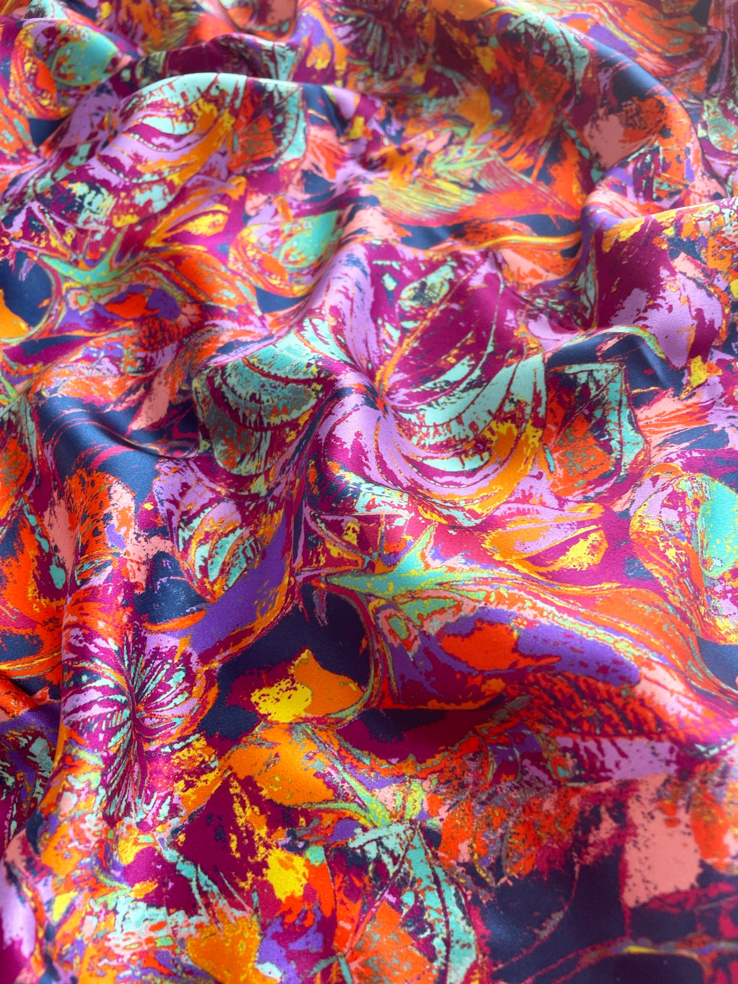 LANYA TROPICANA FROOTI ORCHADIA PRINT ORGANIC SILK SCARF DESIGN DETAIL