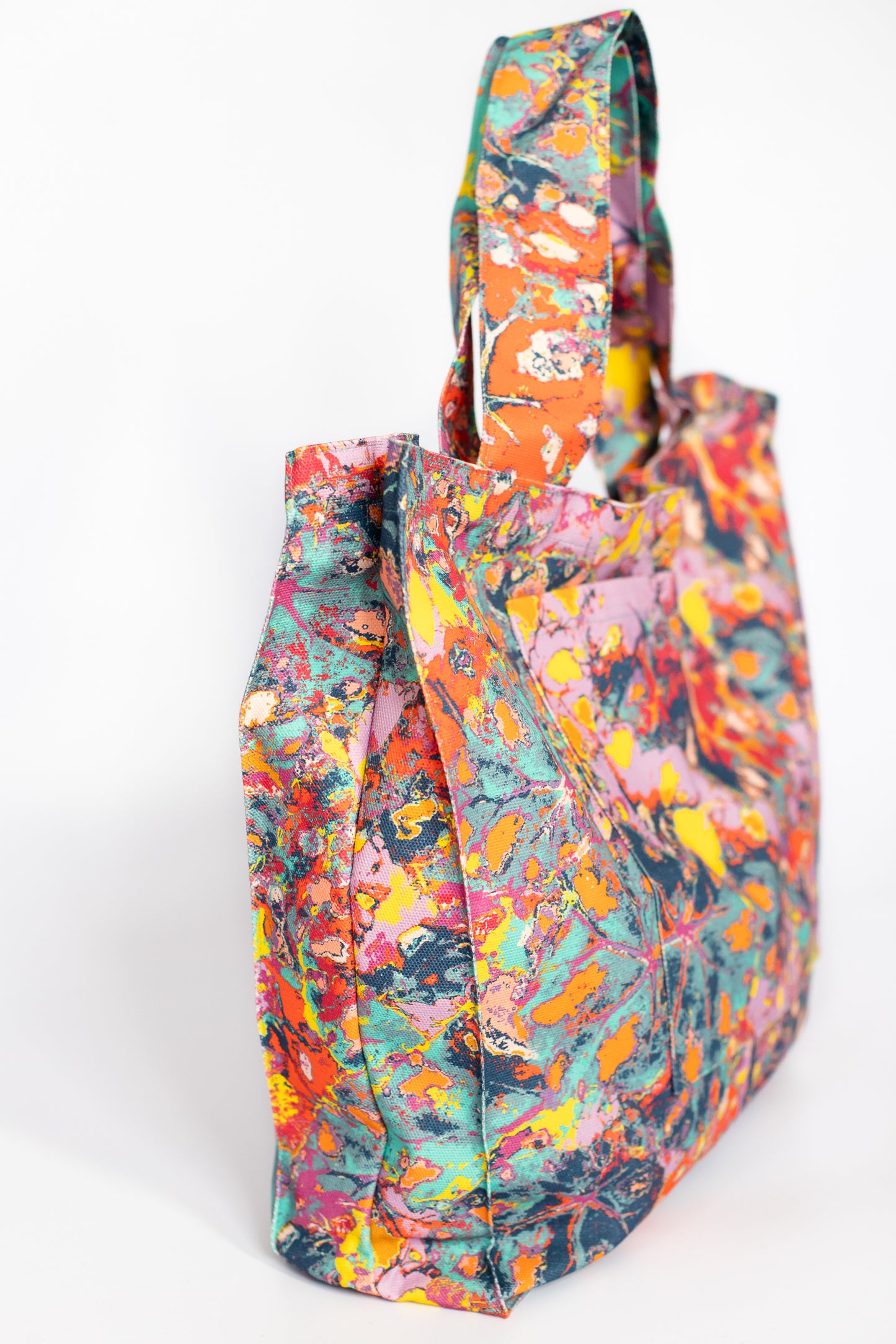 LANYA TROPICANA FROOTI REEF PRINTED DESIGN ORGANIC COTTON CANVAS COLOURFUL MAXIMAL SUSTAINABLE TOTE BAG SIDE WHITE BG