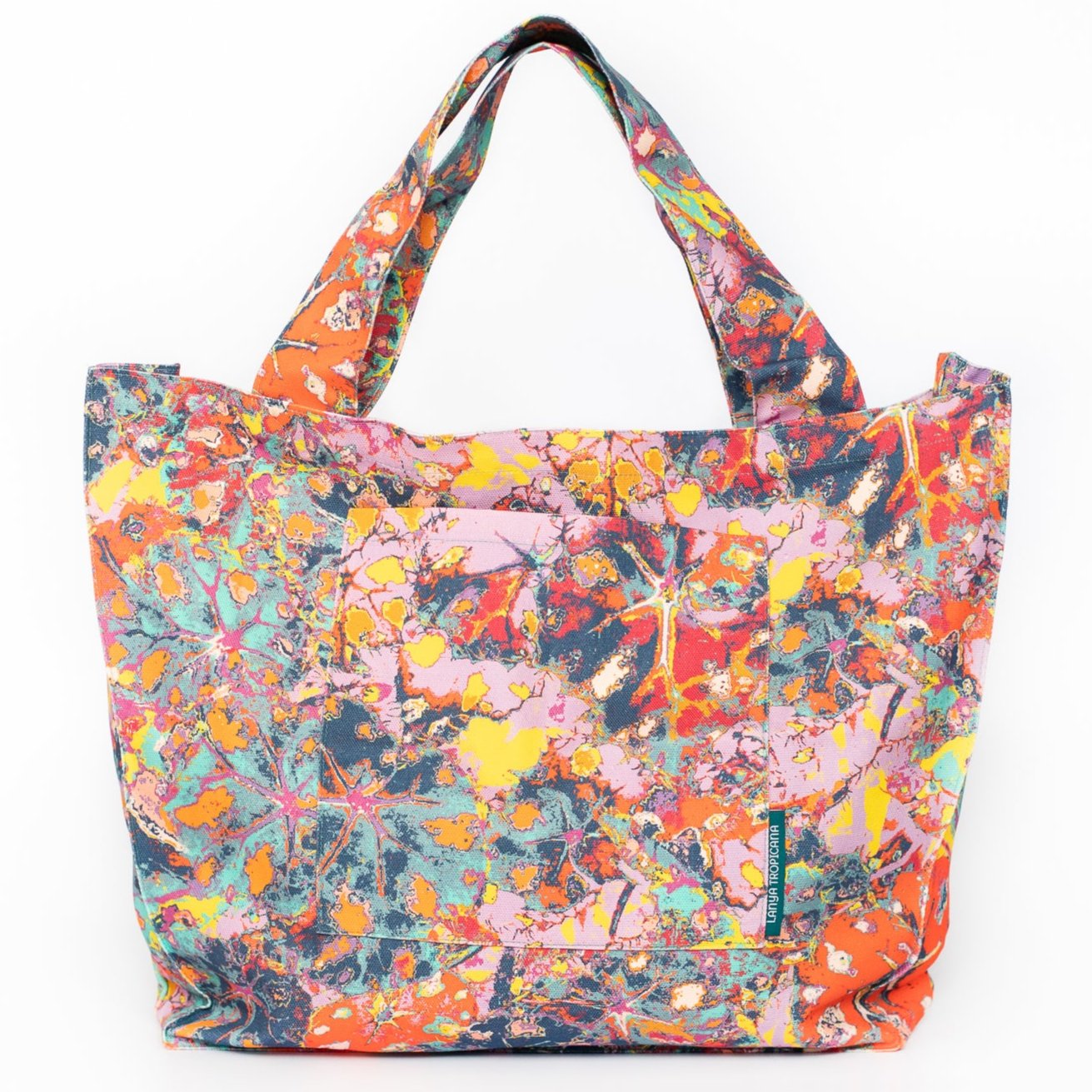 LANYA TROPICANA FROOTI REEF PRINTED ORGANIC COTTON CANVAS COLOURFUL MAXIMAL SUSTAINABLE TOTE BAG FRONT PHOTOGRAPHY