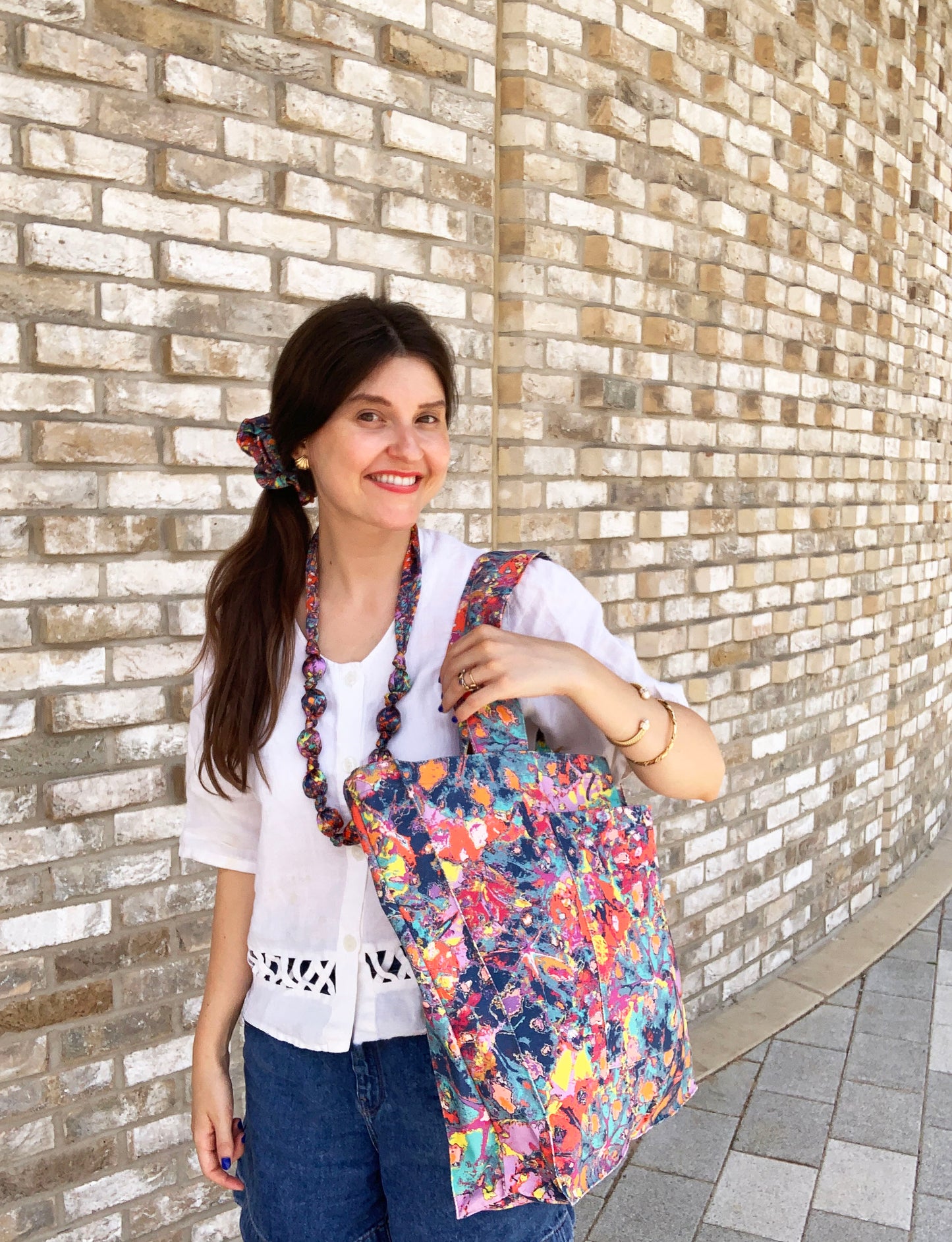 LANYA TROPICANA FROOTI REEF PRINTED ORGANIC COTTON CANVAS COLOURFUL MAXIMAL SUSTAINABLE TOTE BAG SILK NECKLACE SCRUNCHIE CO-ORD AS WORN