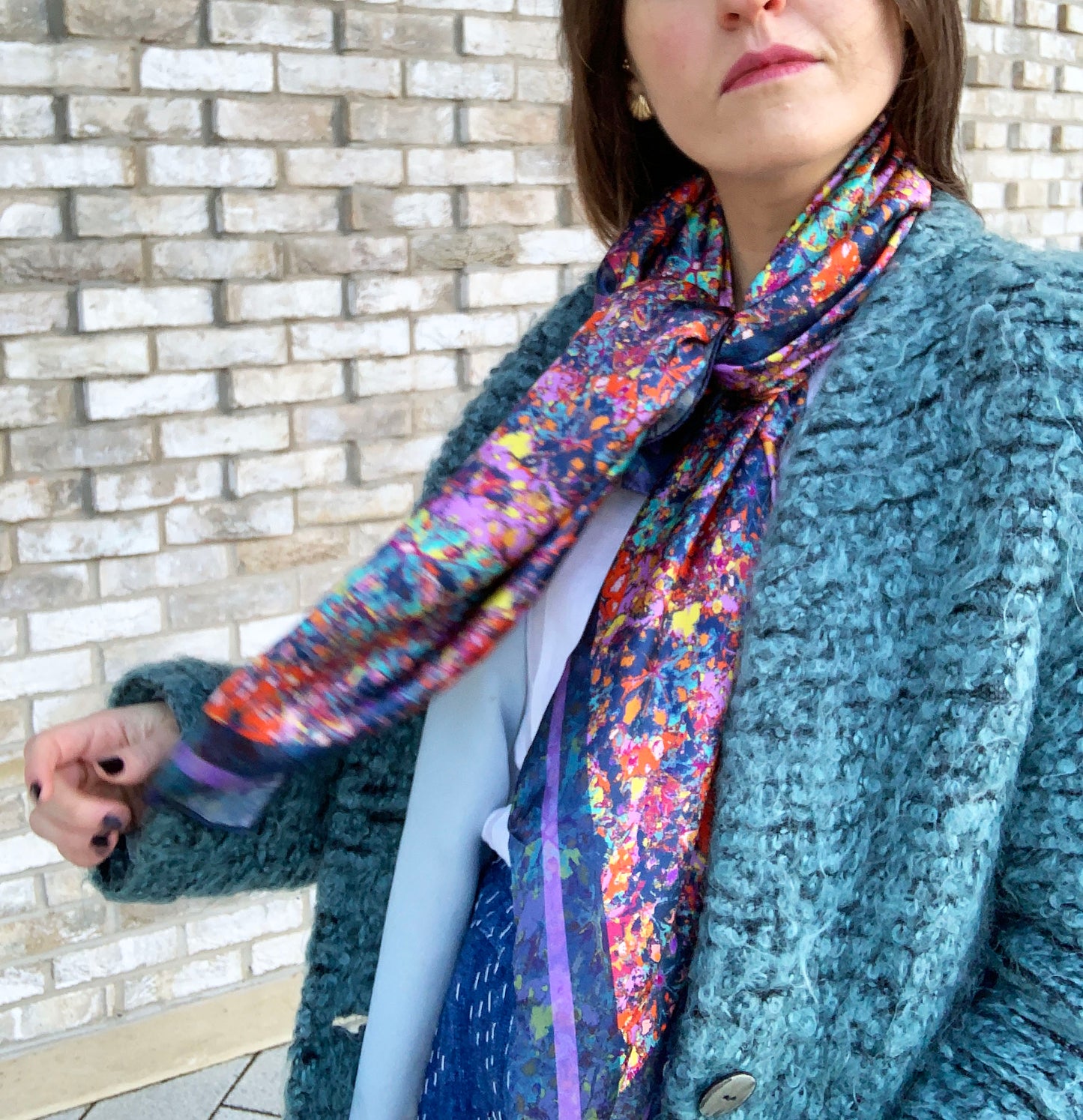 LANYA TROPICANA FROOTI REEF PRINT ORGANIC SILK HANDROLL HEMMED SCARF KNOTTED