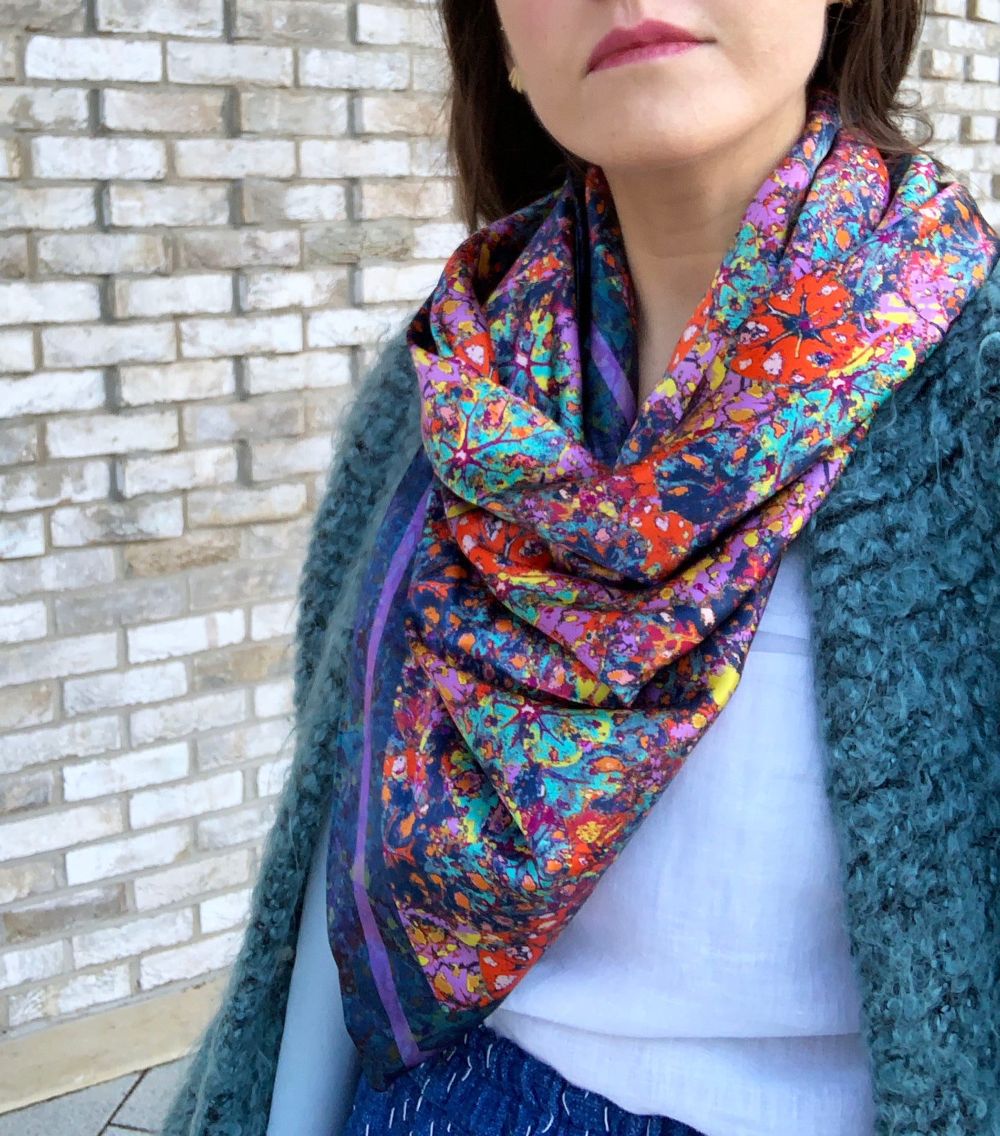 LANYA TROPICANA FROOTI REEF PRINT ORGANIC SILK HANDROLL HEMMED SCARF WORN FOLDED