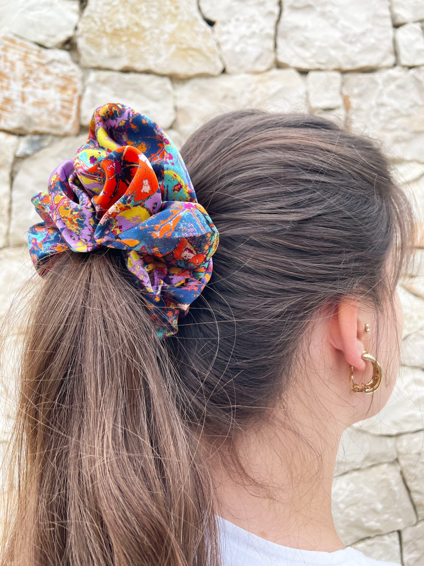LANYA TROPICANA FROOTI REEF SILK SCRUNCHIE AS WORN UPCLOSE