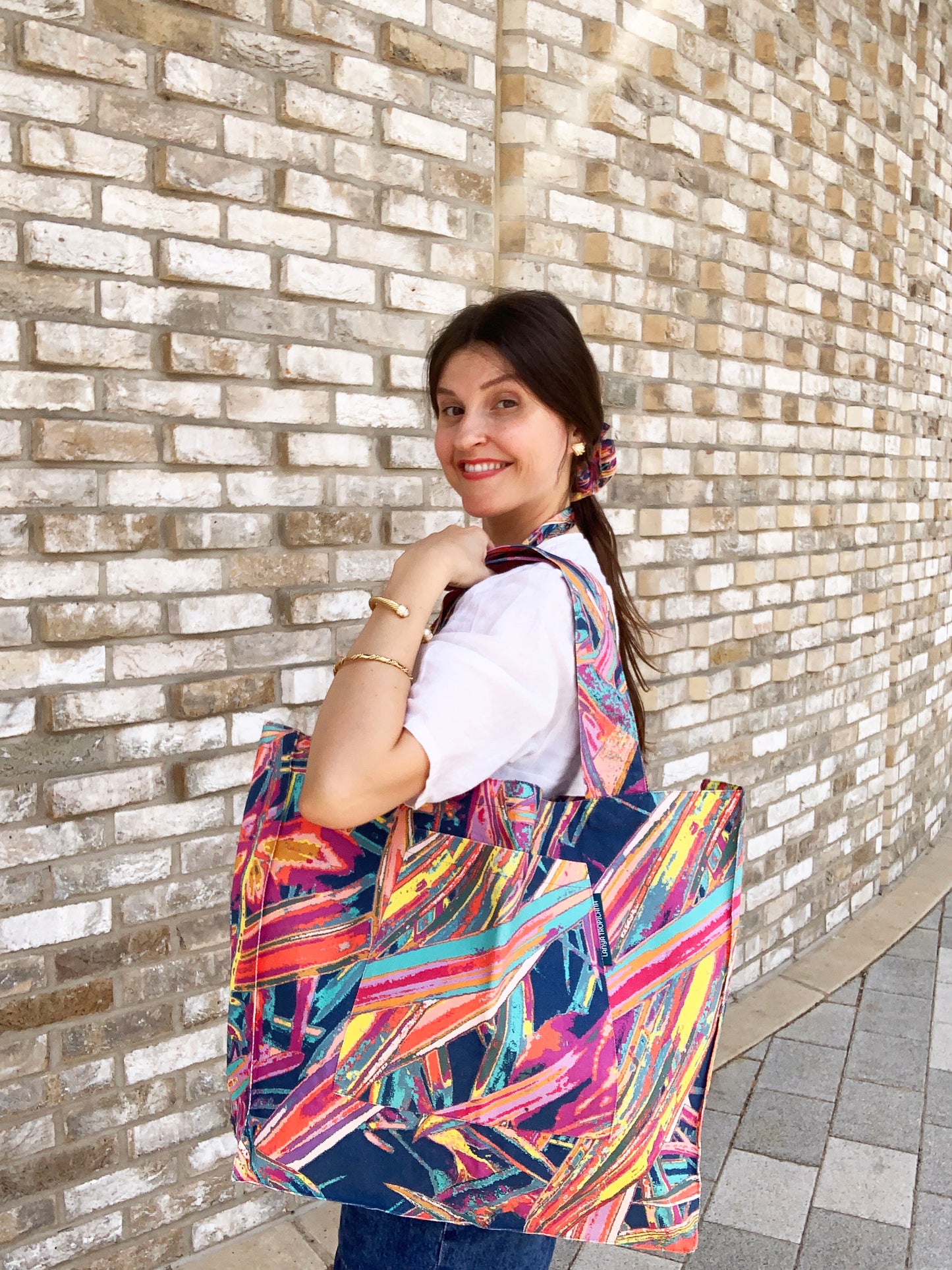 LANYA TROPICANA HAPPY FROOTI JUNGLE PRINT TOTE BAG WORN