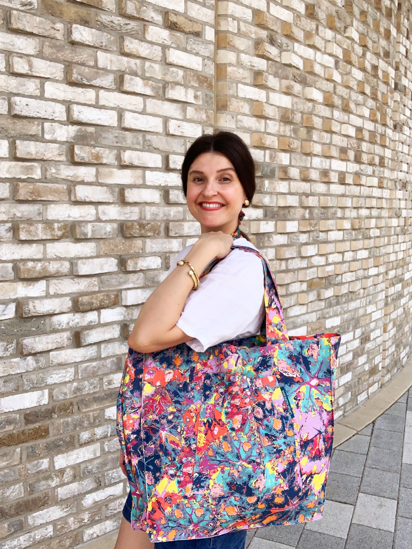 LANYA TROPICANA HAPPY FROOTI REEF PRINTED ORGANIC COTTON CANVAS COLOURFUL MAXIMAL SUSTAINABLE TOTE BAG AS WORN