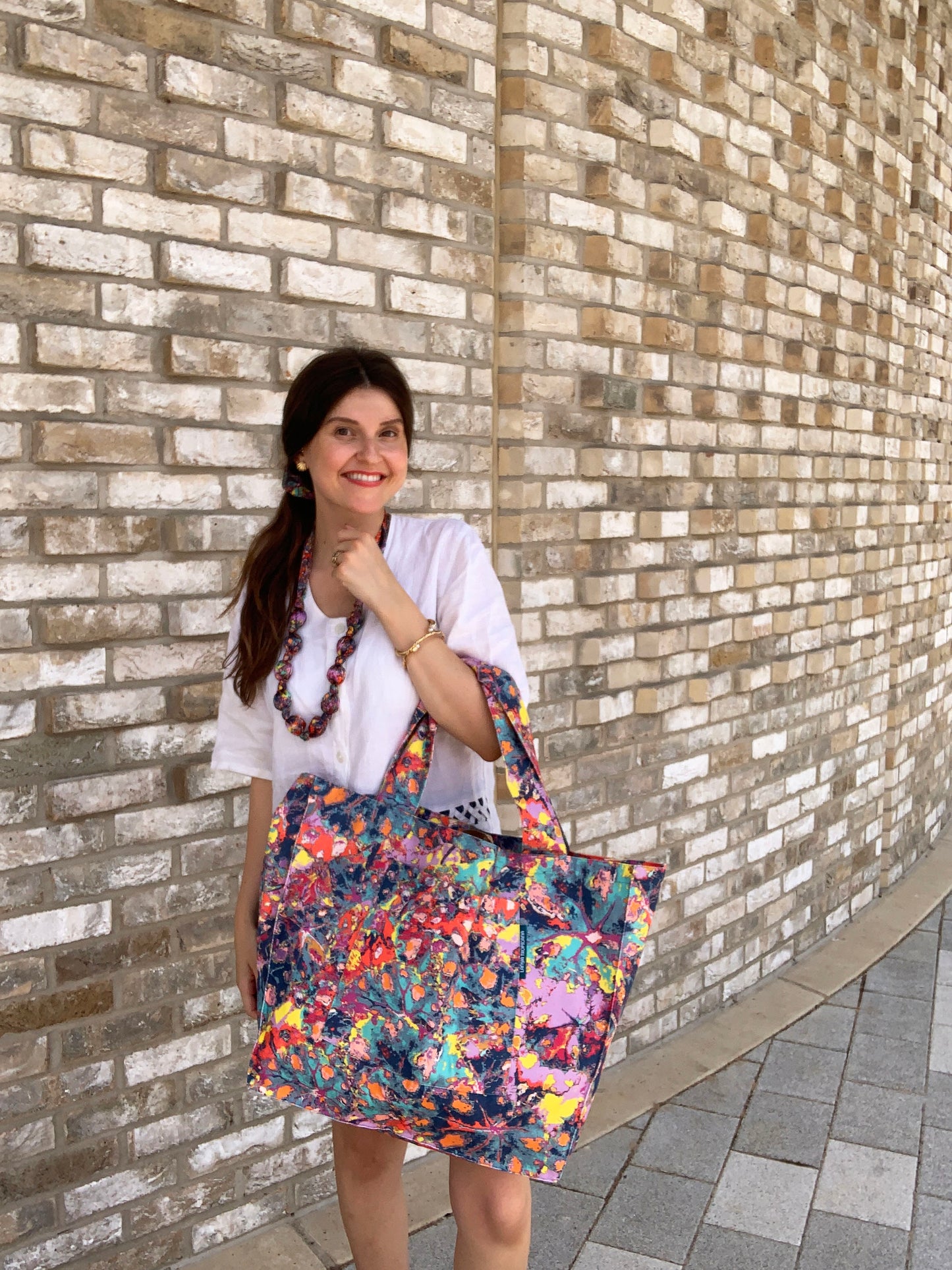 LANYA TROPICANA HAPPY FROOTI REEF PRINTED ORGANIC COTTON CANVAS COLOURFUL MAXIMAL SUSTAINABLE TOTE BAG SILK NECKLACE CO-ORD AS WORN