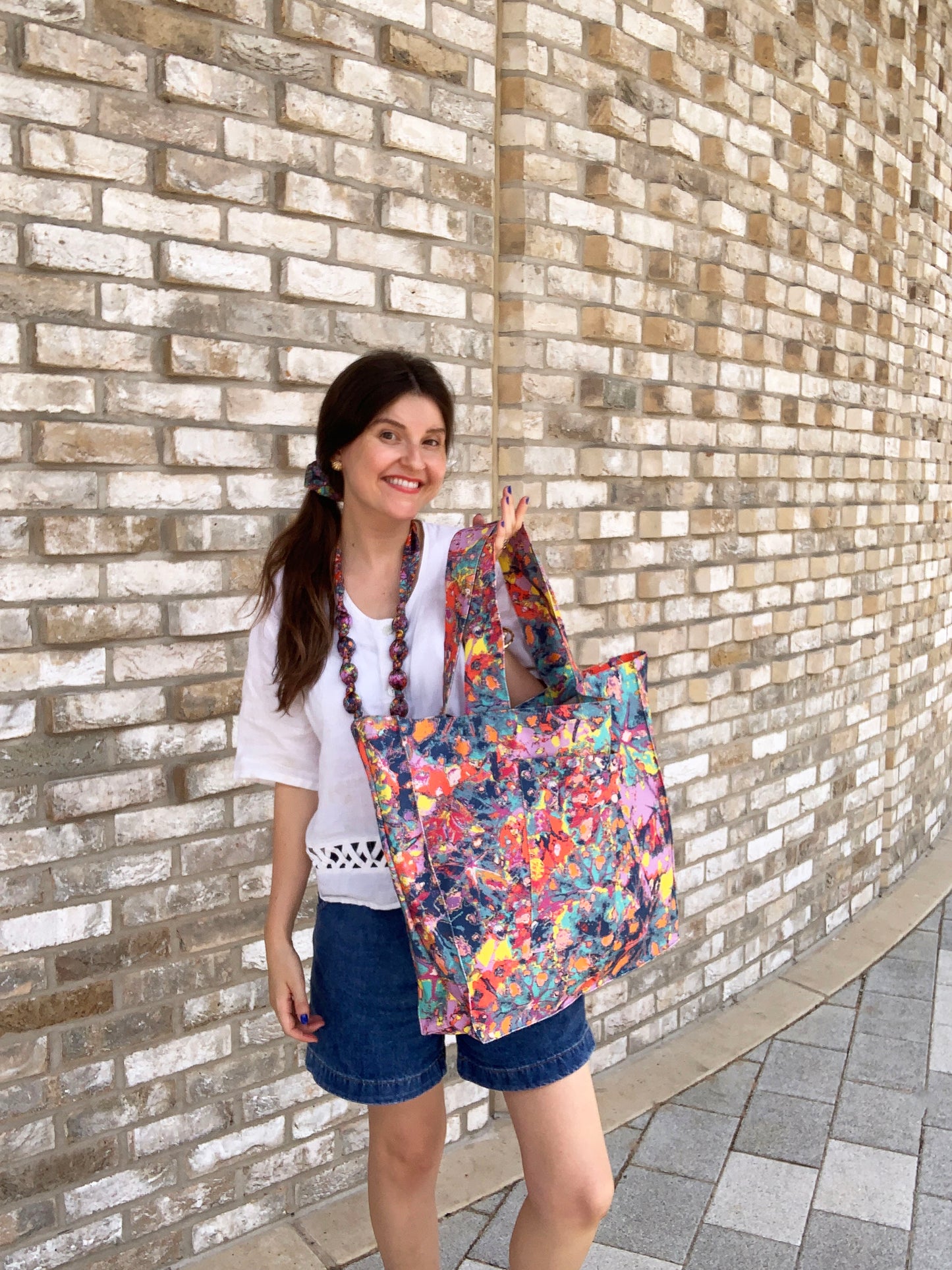 LANYA TROPICANA HAPPY FROOTI REEF PRINTED ORGANIC COTTON CANVAS COLOURFUL MAXIMAL SUSTAINABLE TOTE BAG SILK NECKLACE SCRUNCHIE CO-ORD AS WORN