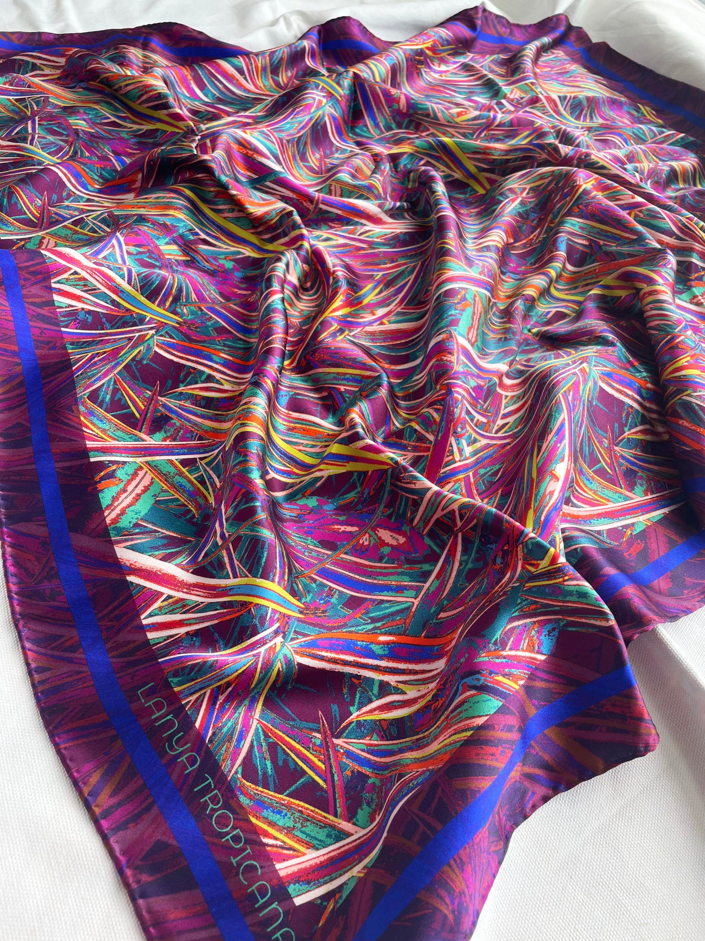LANYA TROPICANA HAPPY SUNDOWN JUNGLE PRINT ORGANIC SILK PRINT SCARF SQUARE EDGE