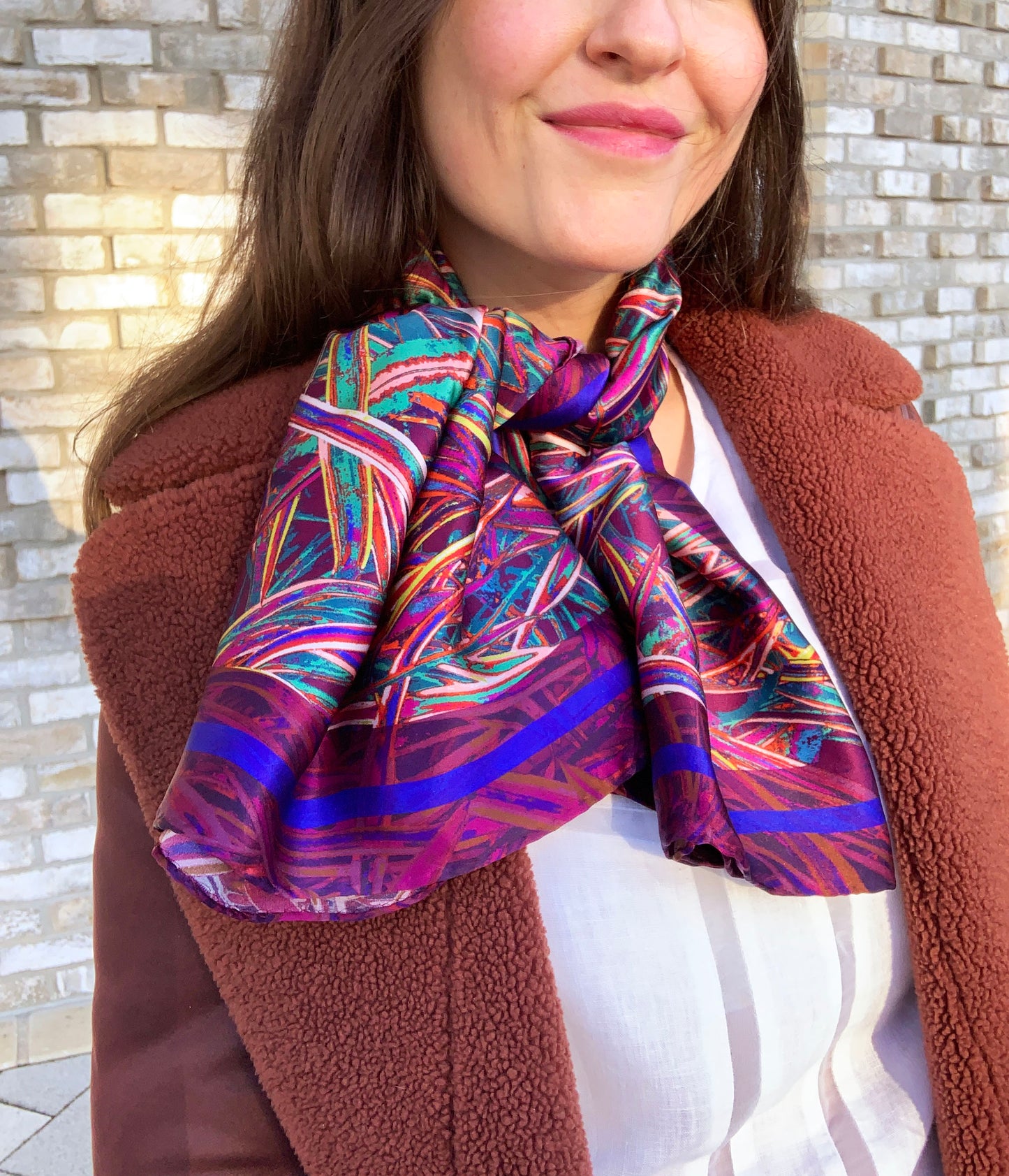 LANYA TROPICANA HAPPY SUNDOWN JUNGLE PRINT ORGANIC SILK PRINT SCARF WORN