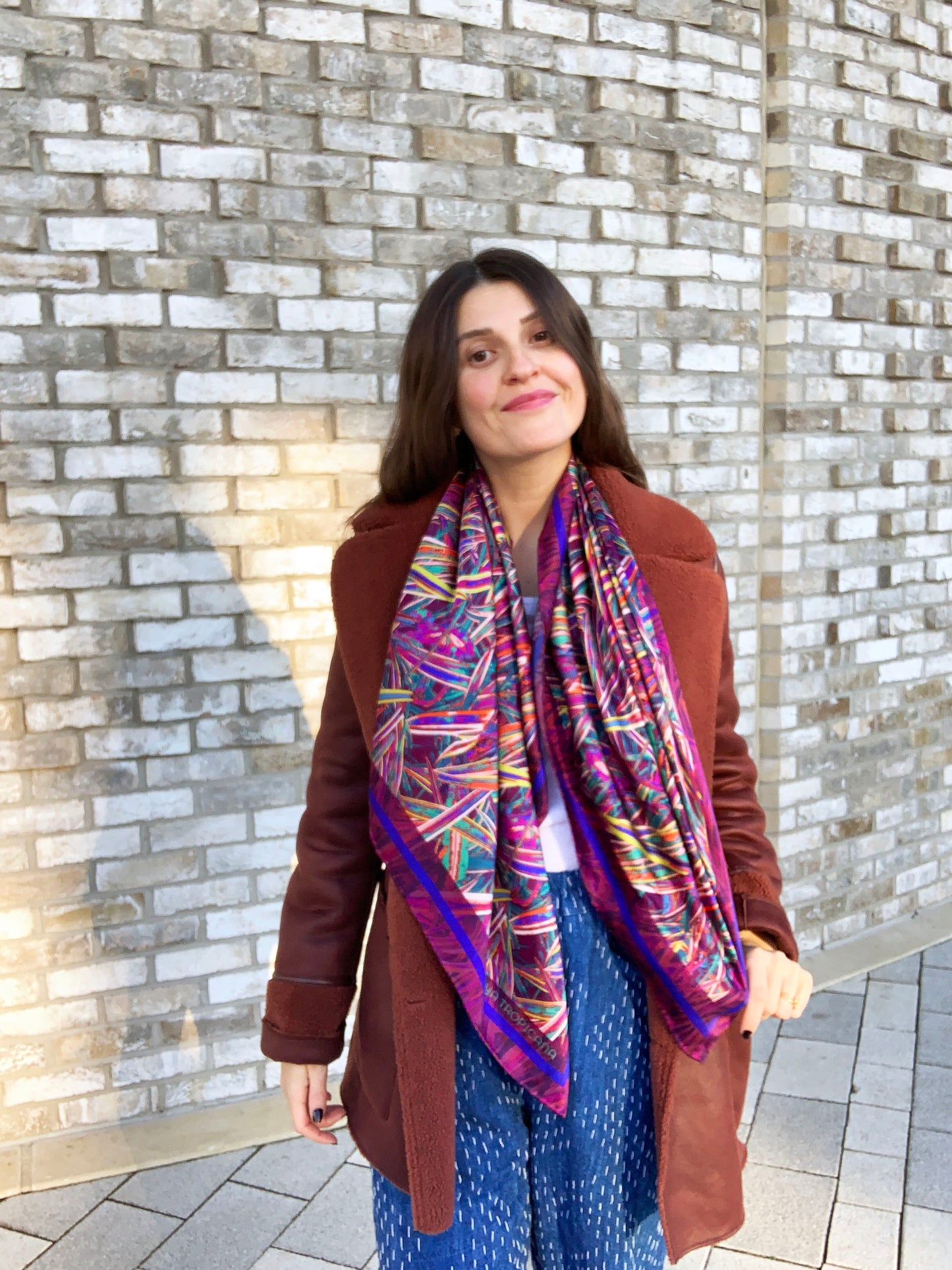 LANYA TROPICANA HAPPY SUNDOWN JUNGLE PRINT ORGANIC SILK SCARF WORN