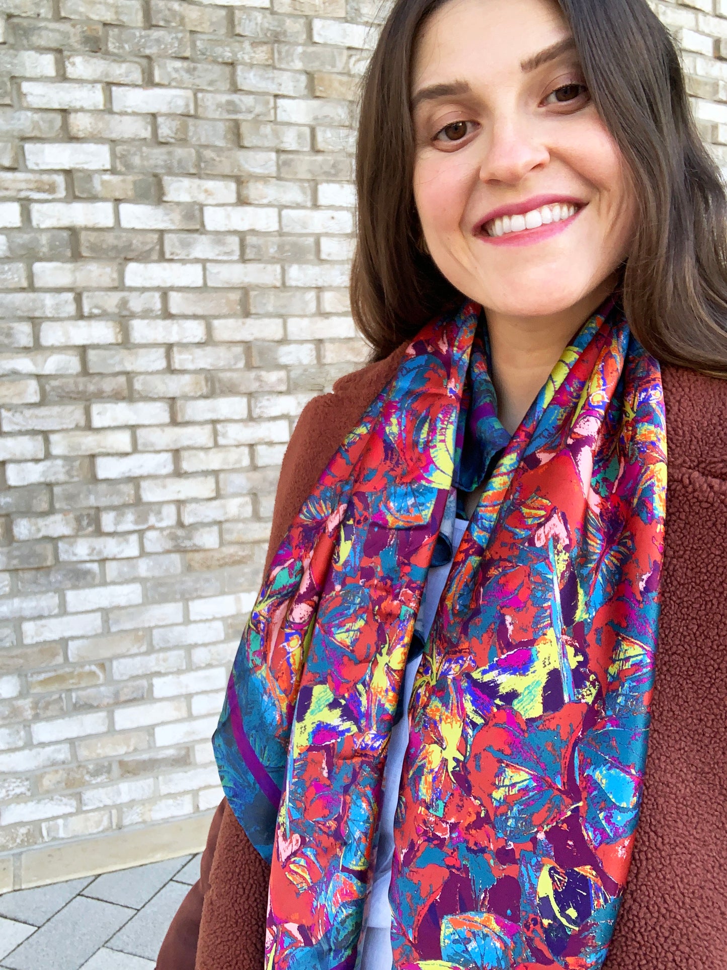 LANYA TROPICANA HAPPY SUNDOWN ORCHADIA PRINT ORGANIC SILK PRINT SCARF WORN UPCLOSE