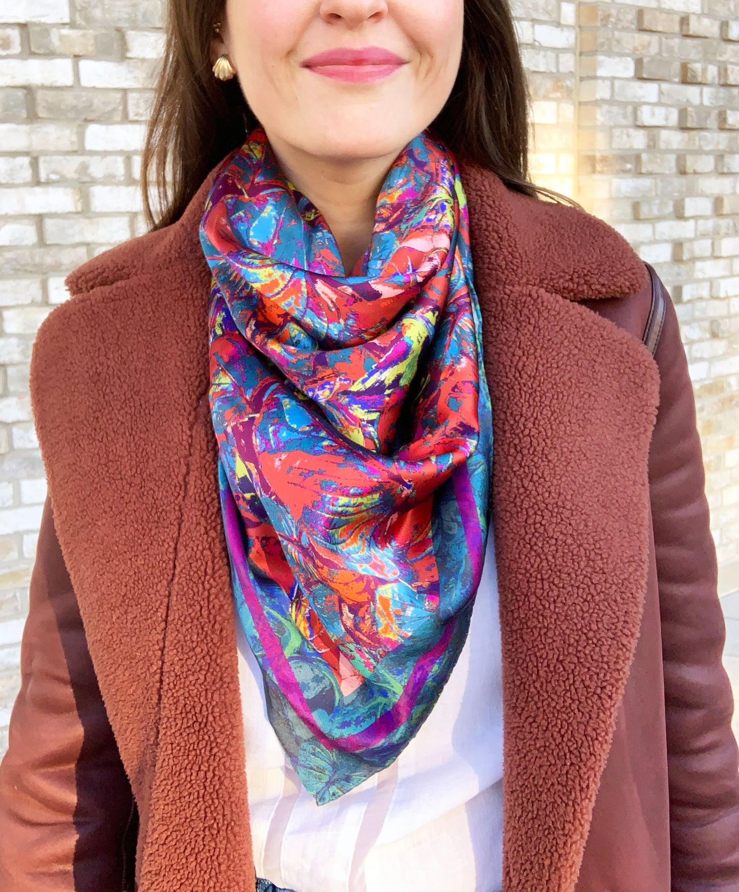 LANYA TROPICANA HAPPY SUNDOWN ORCHADIA PRINT ORGANIC SILK SCARF WORN NECKERCHIEF