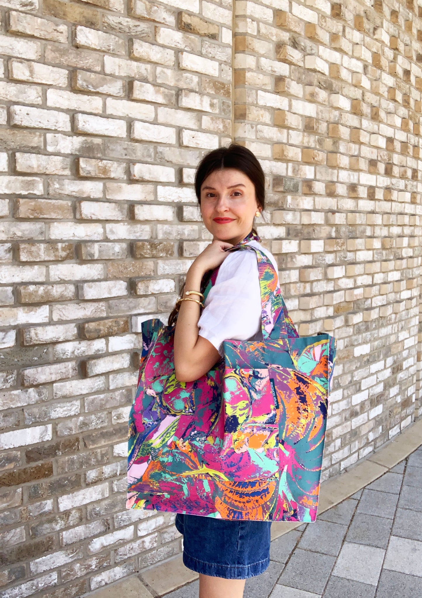 LANYA TROPICANA HAPPY ZEST ORCHADIA PRINTED ORGANIC COTTON CANVAS COLOURFUL MAXIMAL SUSTAINABLE TOTE BAG AS WORN