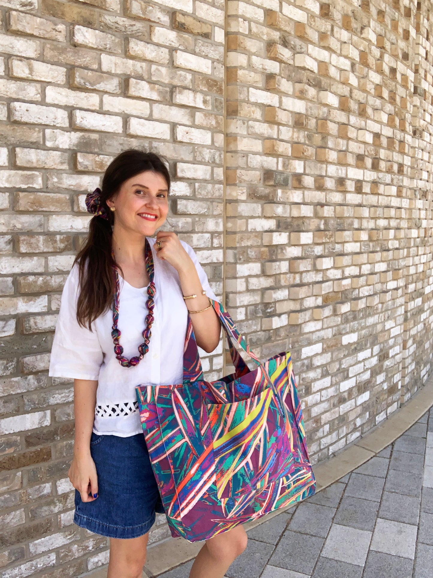 LANYA TROPICANA SUNDOWN JUNGLE COLOURFUL MAXIMAL PRINTED ORGANIC COTTON CANVAS TOTE BAG AS WORN