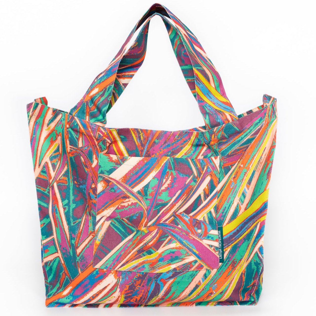 LANYA TROPICANA SUNDOWN JUNGLE COLOURFUL MAXIMAL PRINTED ORGANIC COTTON CANVAS TOTE BAG FRONT WHITE BACKGROUND SHOT