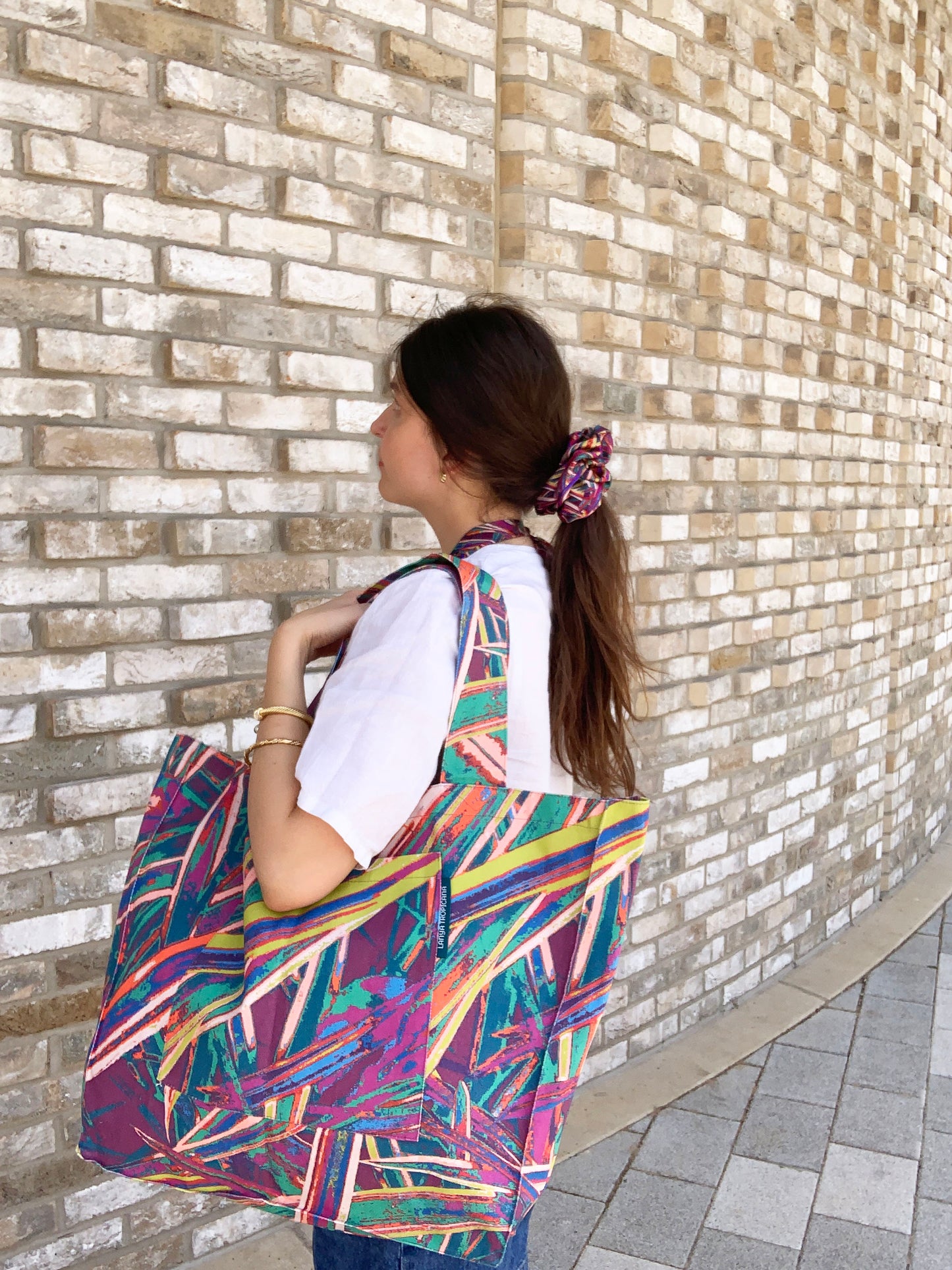 LANYA TROPICANA SUNDOWN JUNGLE COLOURFUL MAXIMAL PRINTED ORGANIC COTTON CANVAS TOTE BAG SILK PRINTED SCRUNCHIE CO-ORD