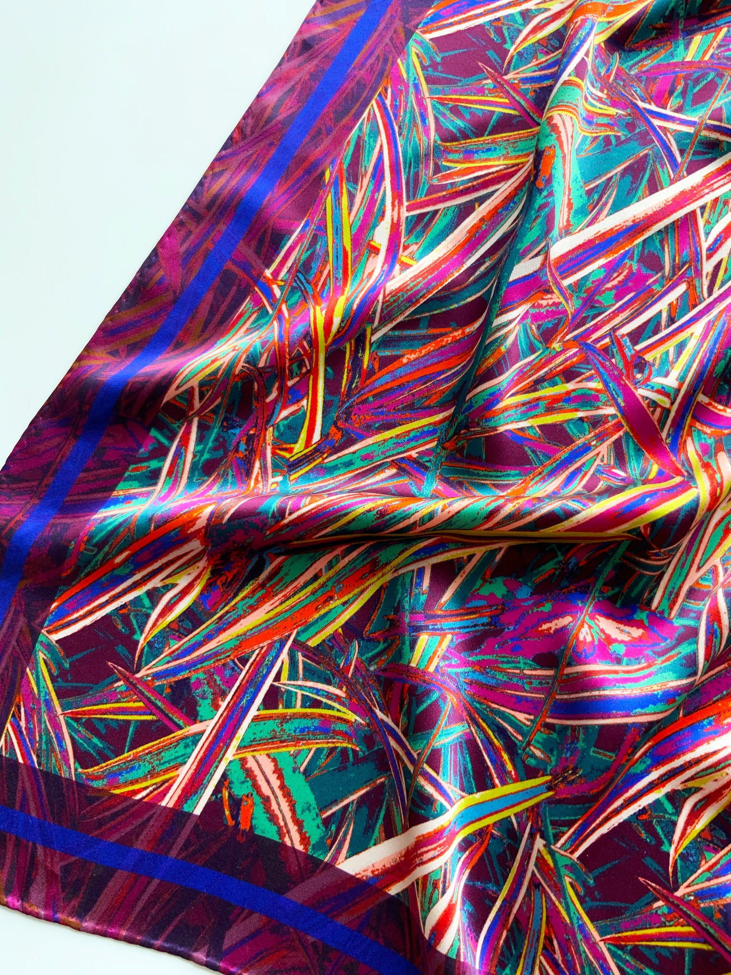 LANYA TROPICANA SUNDOWN JUNGLE PRINT ORGANIC SILK PRINT SCARF SQUARE EDGE DETAIL