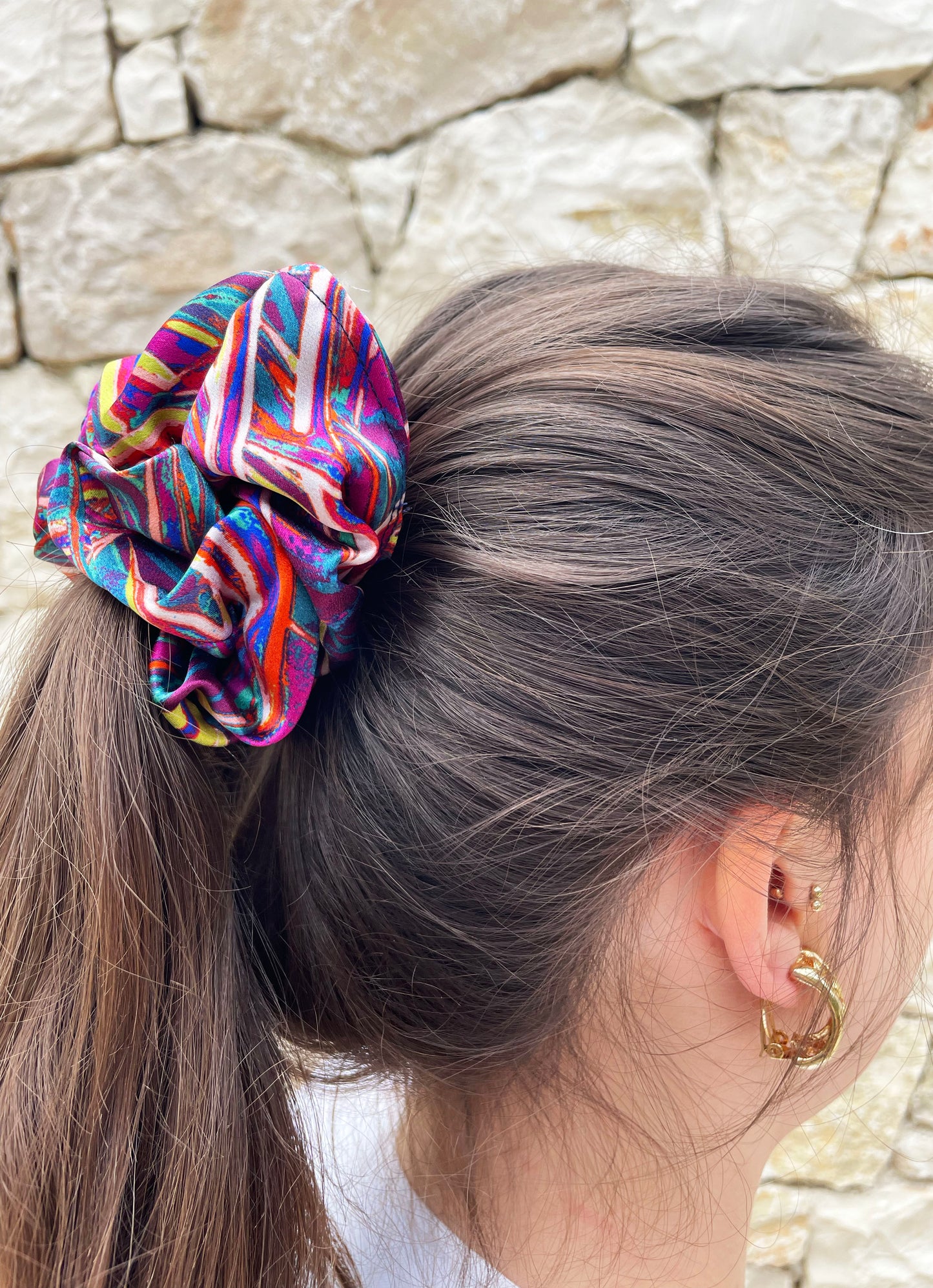 LANYA TROPICANA SUNDOWN JUNGLE SILK SCRUNCHIE AS WORN UPCLOSE