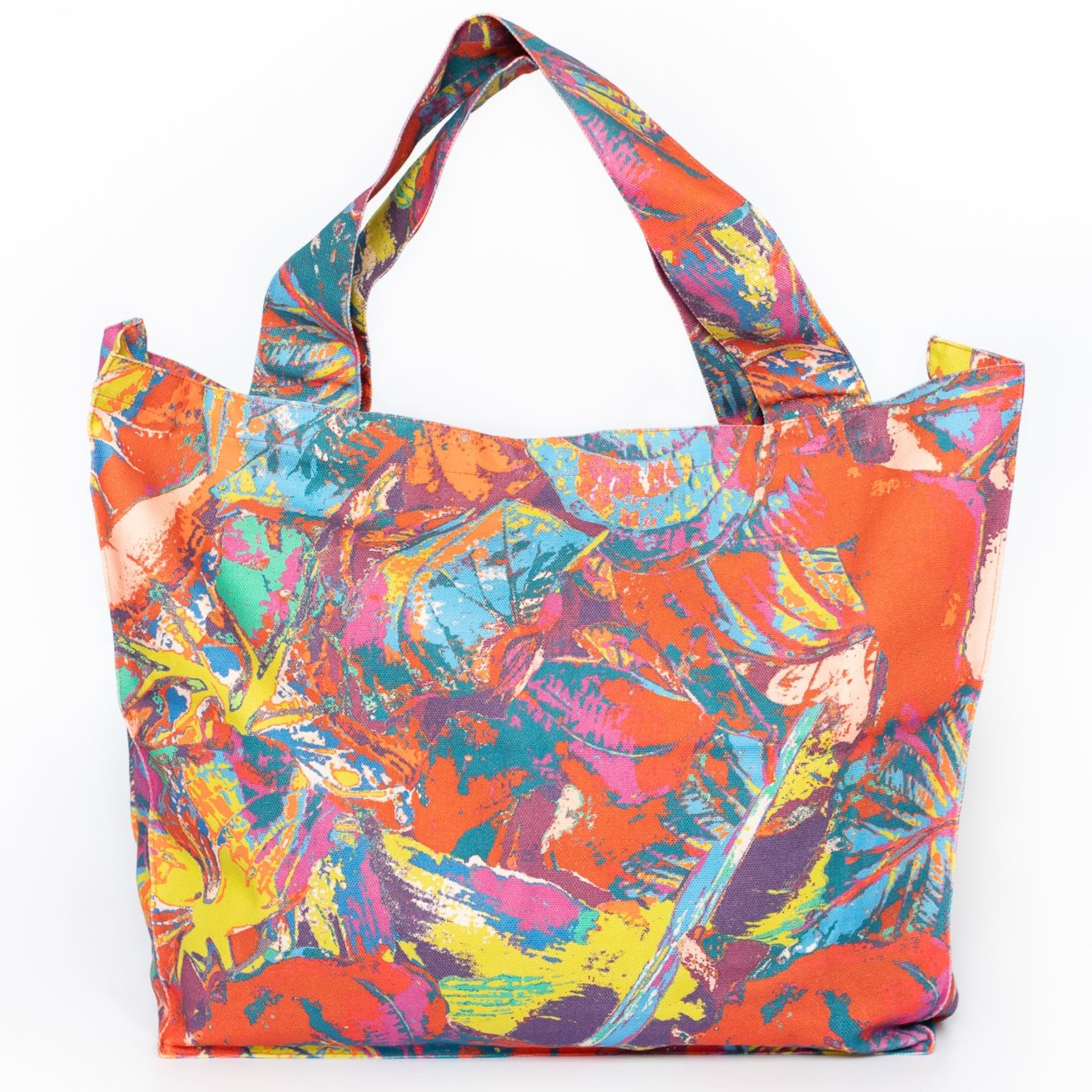 LANYA TROPICANA SUNDOWN ORCHADIA PRINT ORGANIC COTTON CANVAS TOTE BAG WHITE BACKGROUND PROFESSIONAL SHOT
