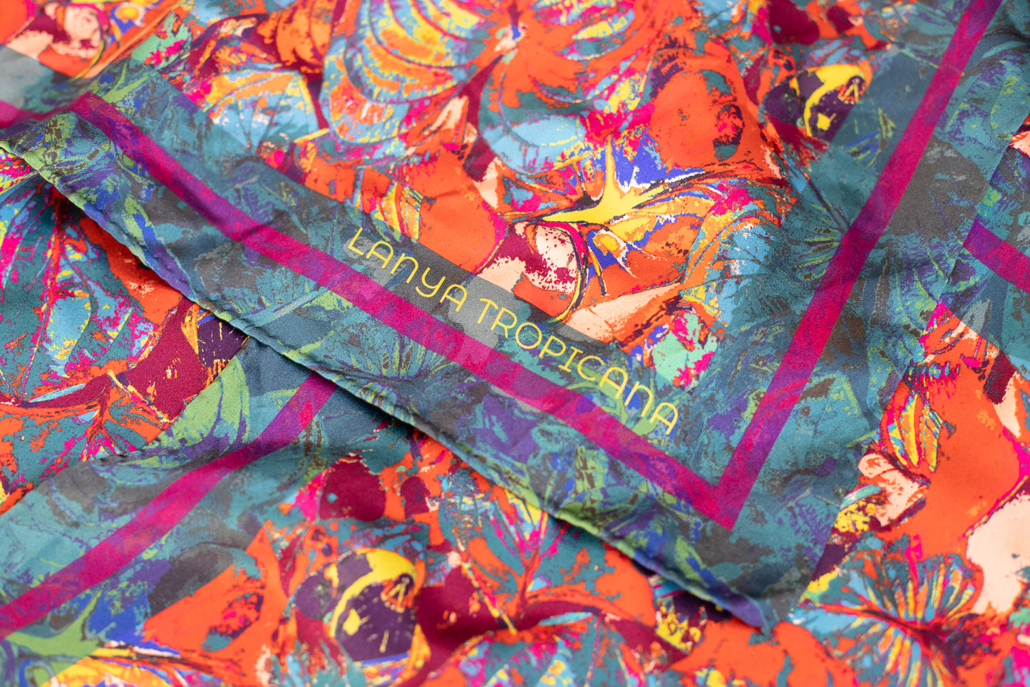 LANYA TROPICANA SUNDOWN ORCHADIA PRINT ORGANIC SILK SCARF CORNER FABRIC DETAIL