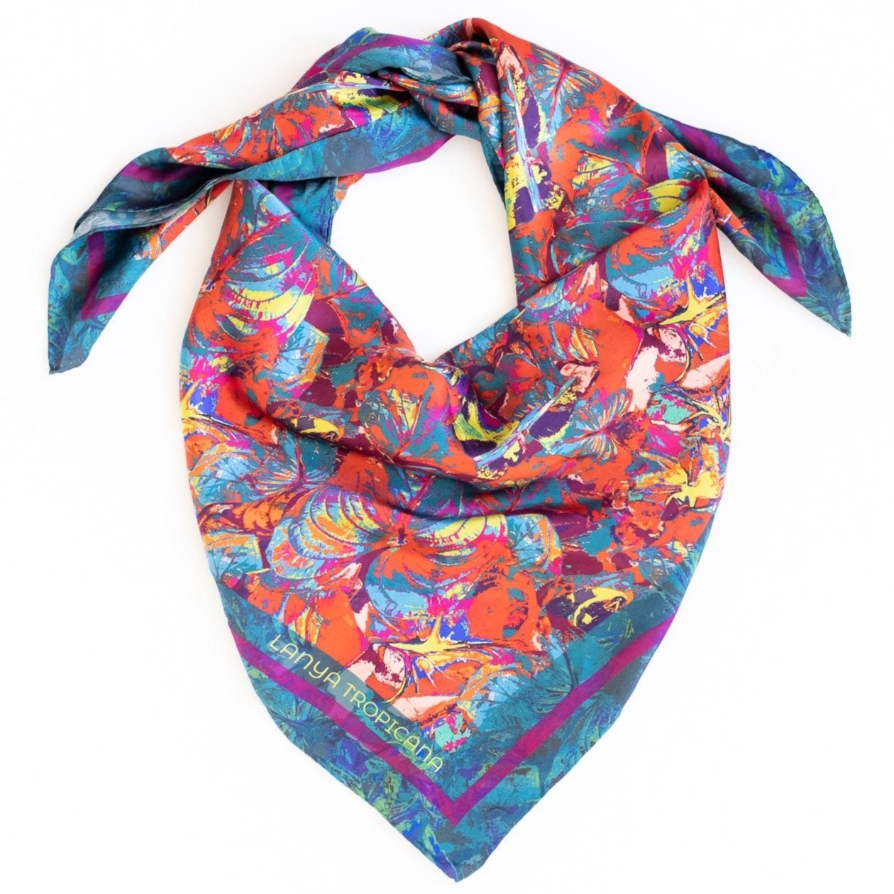 LANYA TROPICANA SUNDOWN ORCHADIA PRINT ORGANIC SILK SCARF KNOTTED