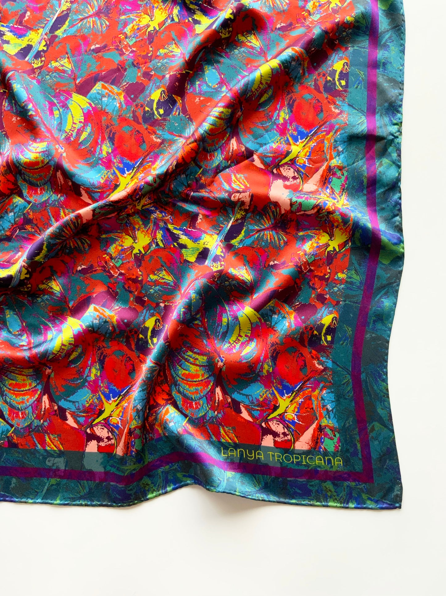 LANYA TROPICANA SUNDOWN ORCHADIA PRINT ORGANIC SILK SCARF SQAURE EDGE DETAIL