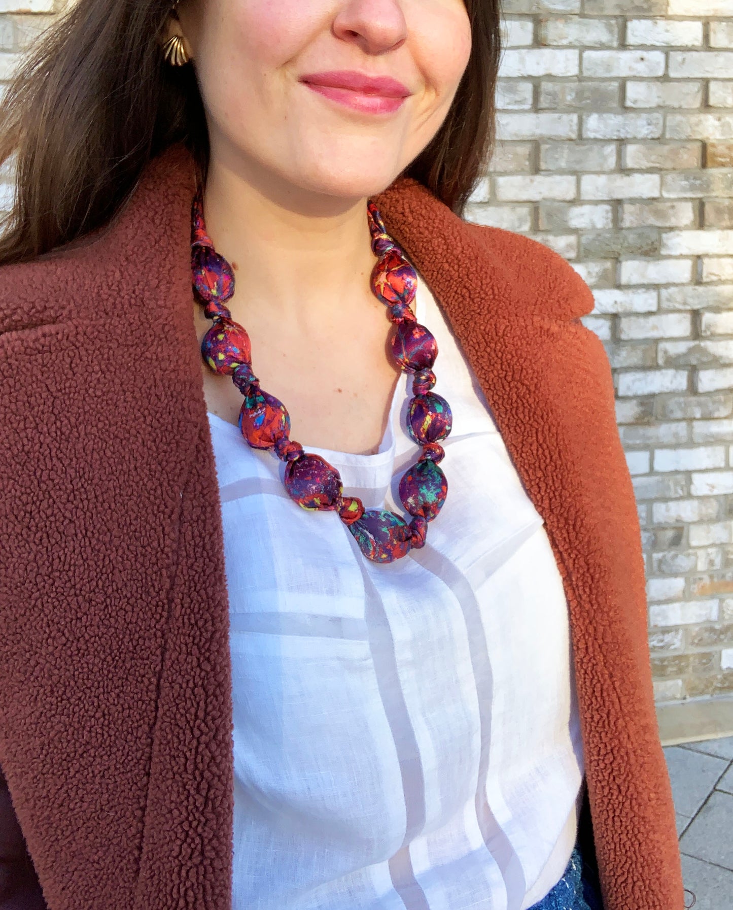 LANYA TROPICANA SUNDOWN REEF PRINT SILK BEAD NECKLACE WORN SHORT