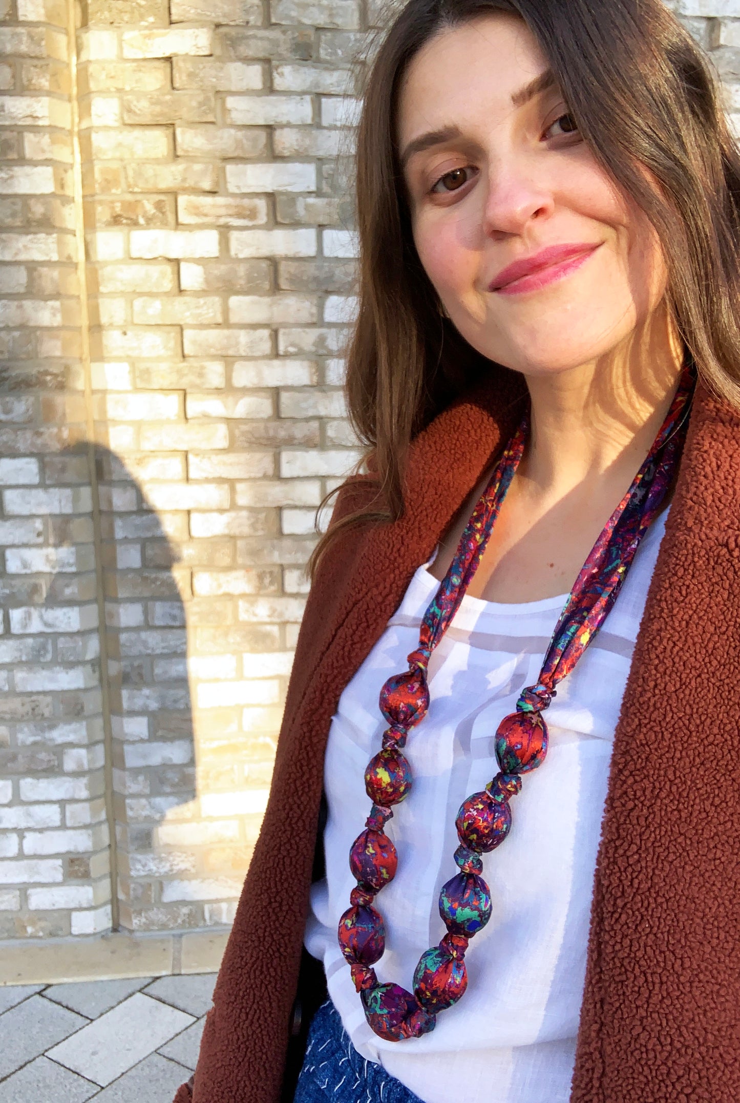 LANYA TROPICANA SUNDOWN REEF SILK BEAD NECKLACE WORN LONG