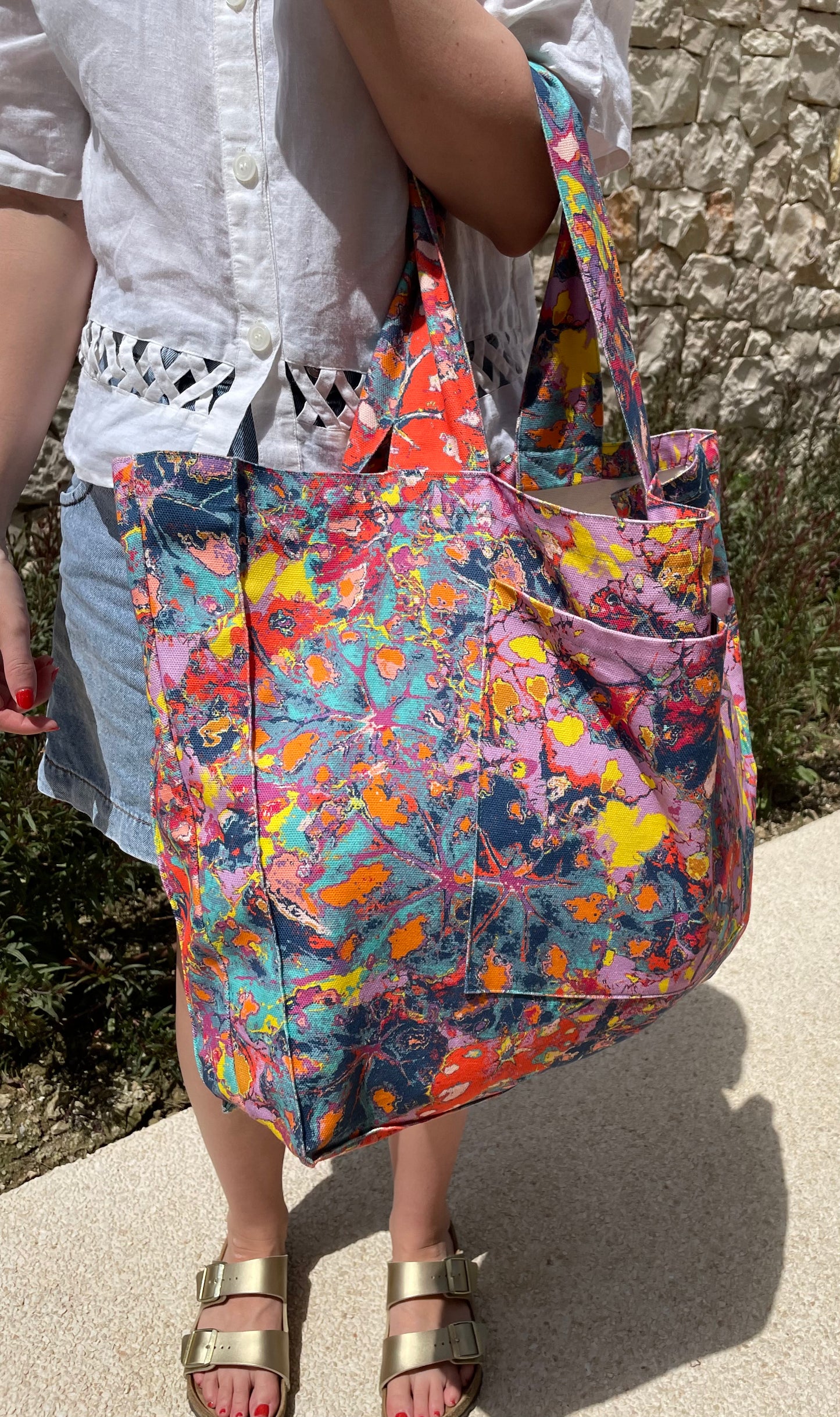LANYA TROPICANA SUNNY FROOTI REEF PRINTED ORGANIC COTTON CANVAS COLOURFUL MAXIMAL SUSTAINABLE TOTE BAG AS WORN