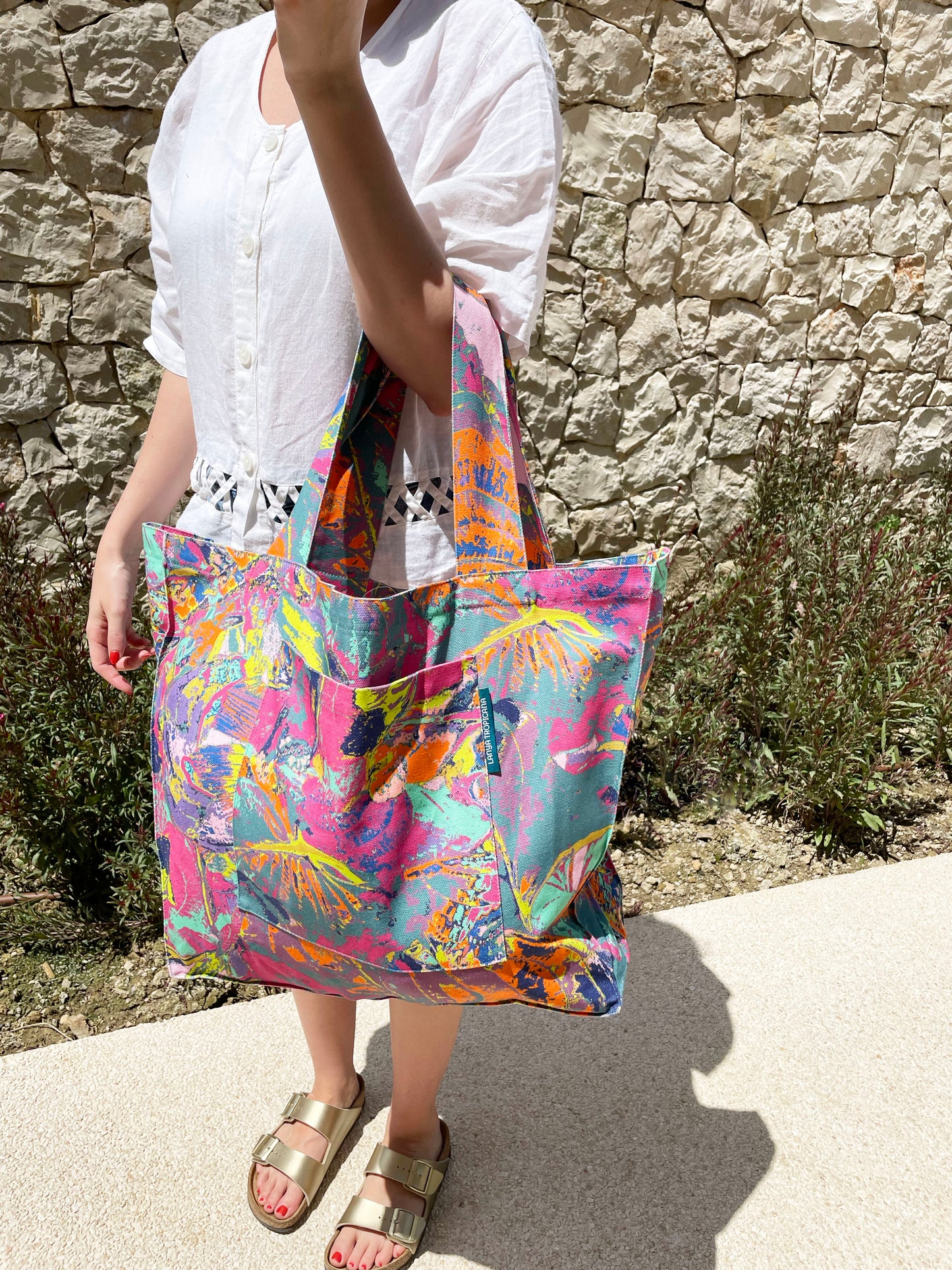 LANYA TROPICANA SUNNY ZEST ORCHADIA PRINTED ORGANIC COTTON CANVAS COLOURFUL MAXIMAL SUSTAINABLE TOTE BAG AS WORN
