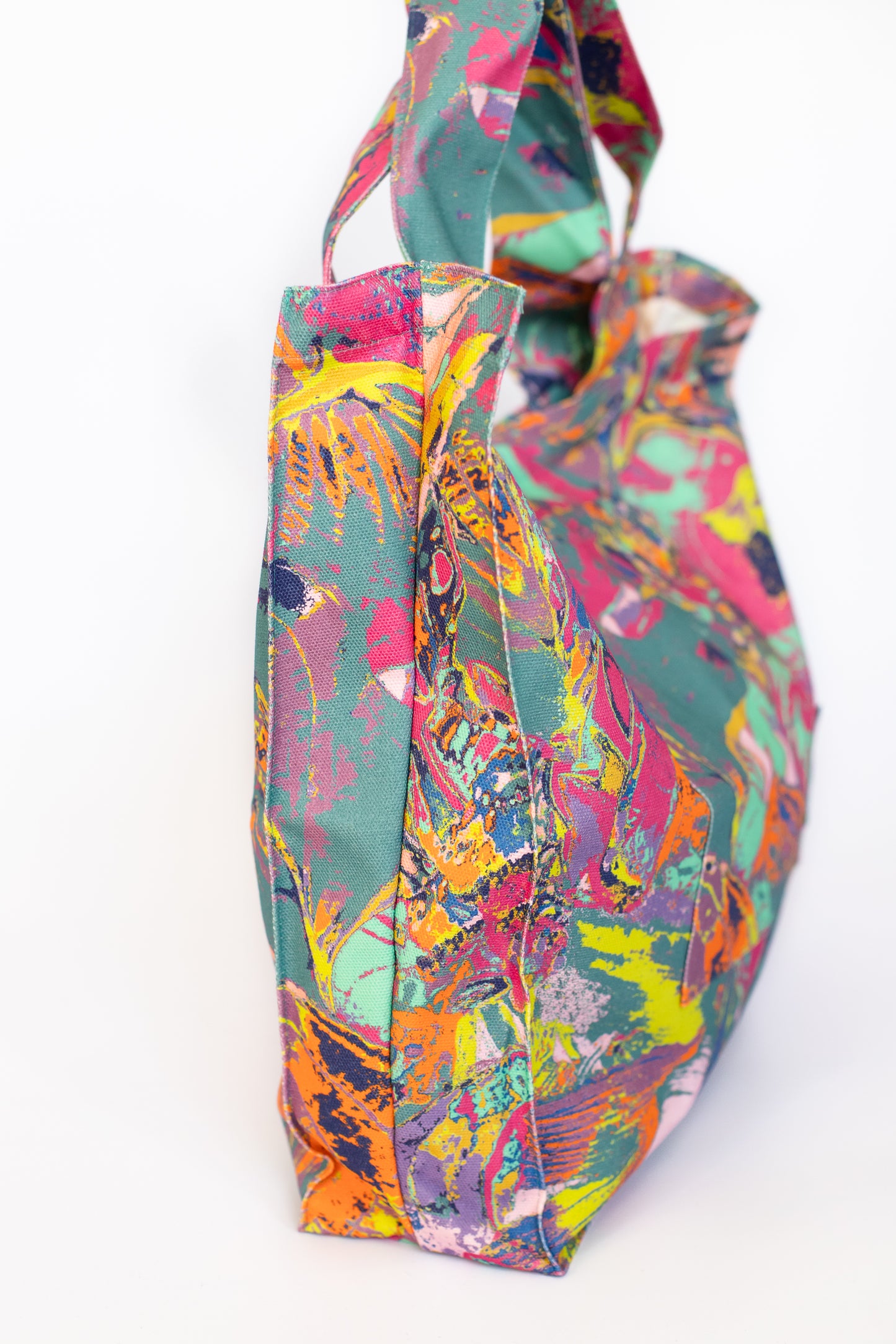 LANYA TROPICANA SUNNY ZEST ORCHADIA PRINTED ORGANIC COTTON CANVAS COLOURFUL MAXIMAL SUSTAINABLE TOTE BAG SIDE PANEL