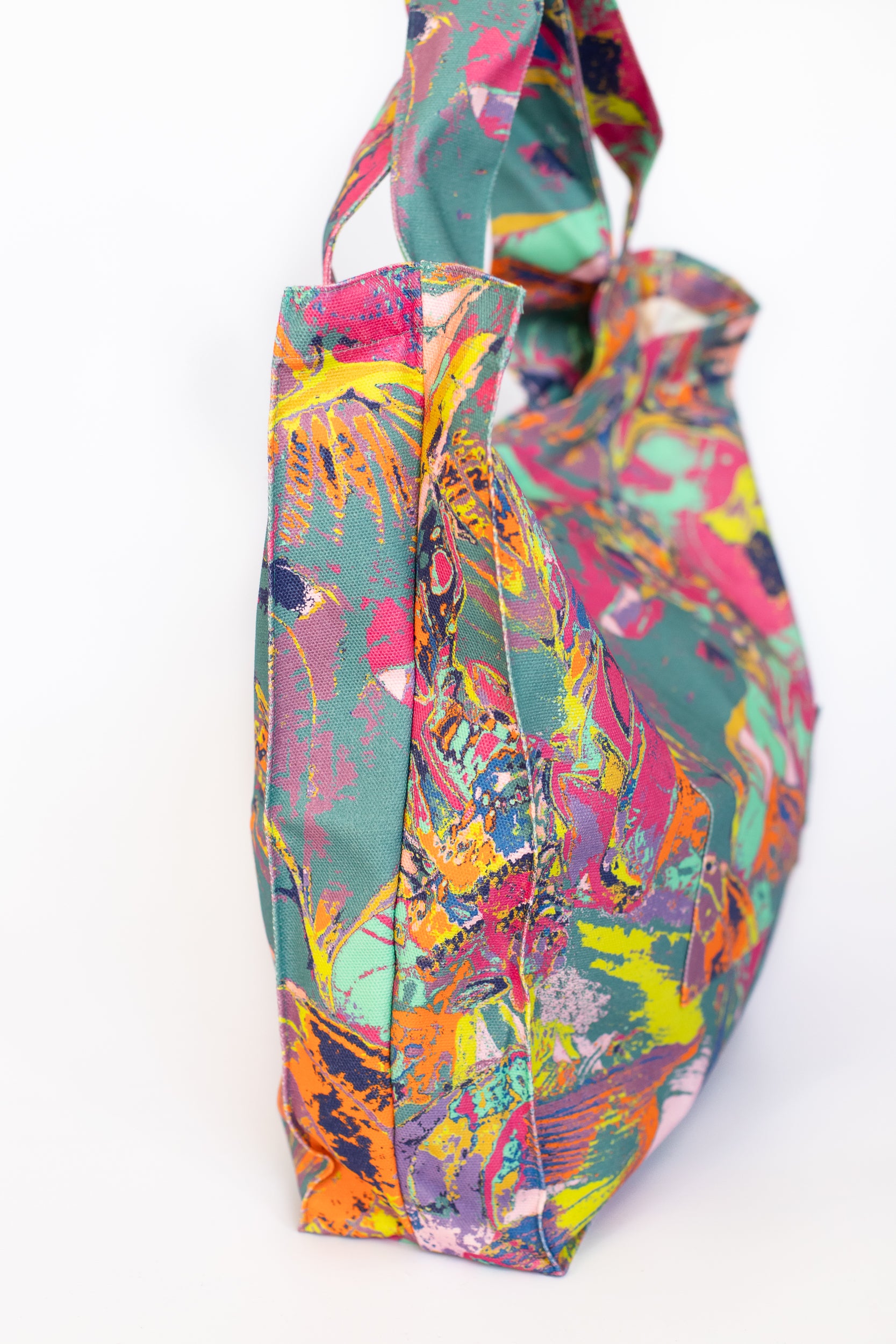 LANYA TROPICANA SUNNY ZEST ORCHADIA PRINTED ORGANIC COTTON CANVAS COLOURFUL MAXIMAL SUSTAINABLE TOTE BAG SIDE PANEL