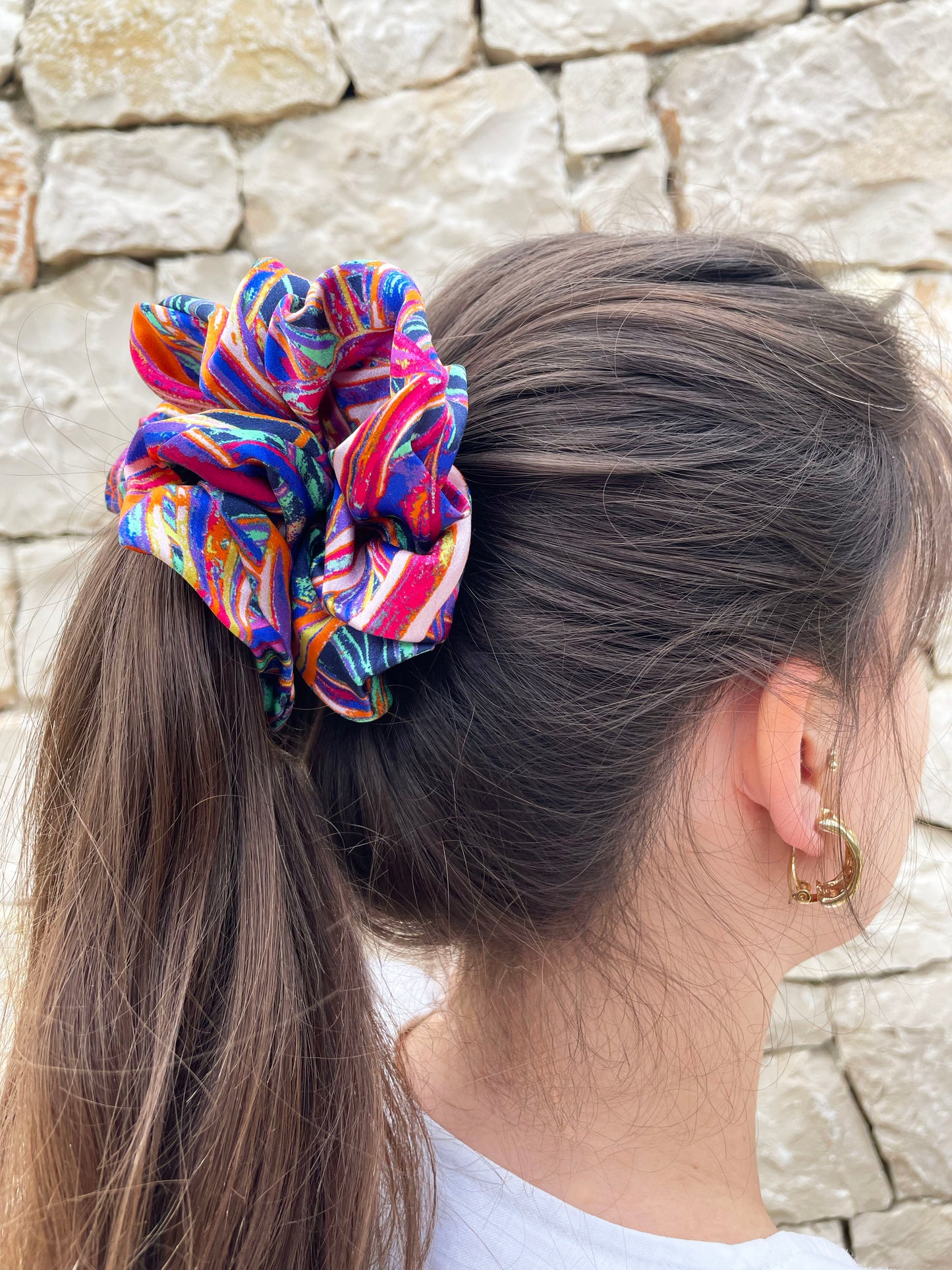 LANYA TROPICANA ZEST COLOURWAY JUNGLE PRINTED SILK SCRUNCHIE WORN IN HAIR UPCLOSE
