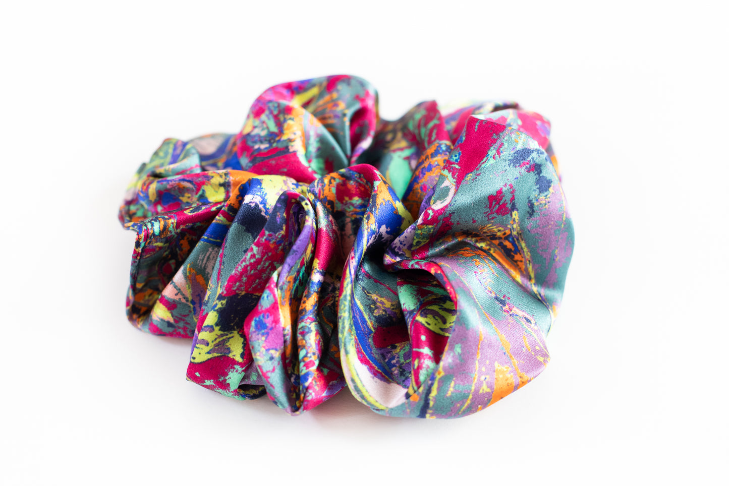 LANYA TROPICANA ZEST COLOURWAY ORCHADIA PRINTED SILK SCRUNCHIE UPCLOSE