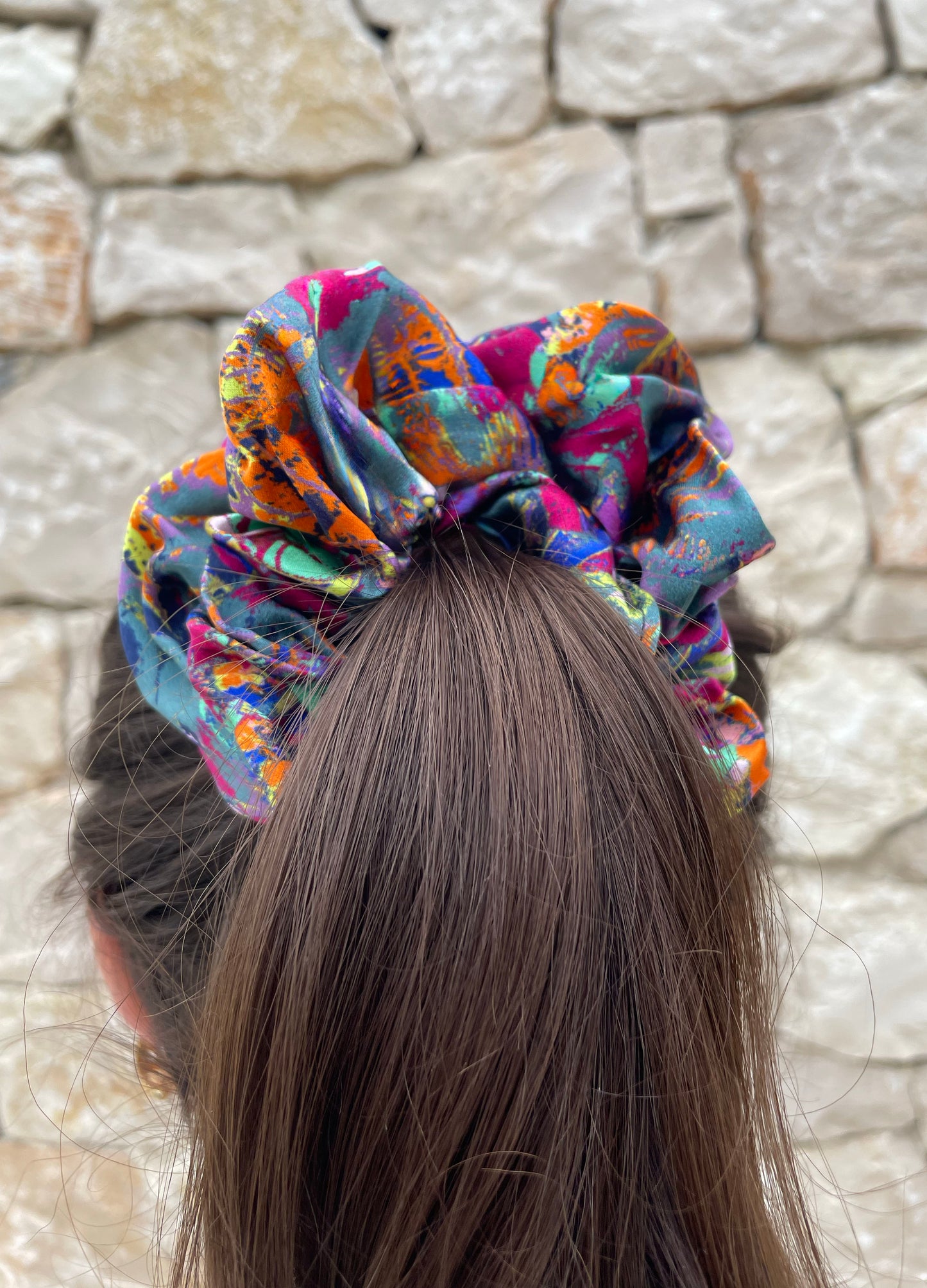 LANYA TROPICANA ZEST COLOURWAY ORCHADIA PRINTED SILK SCRUNCHIE WORN IN HAIR