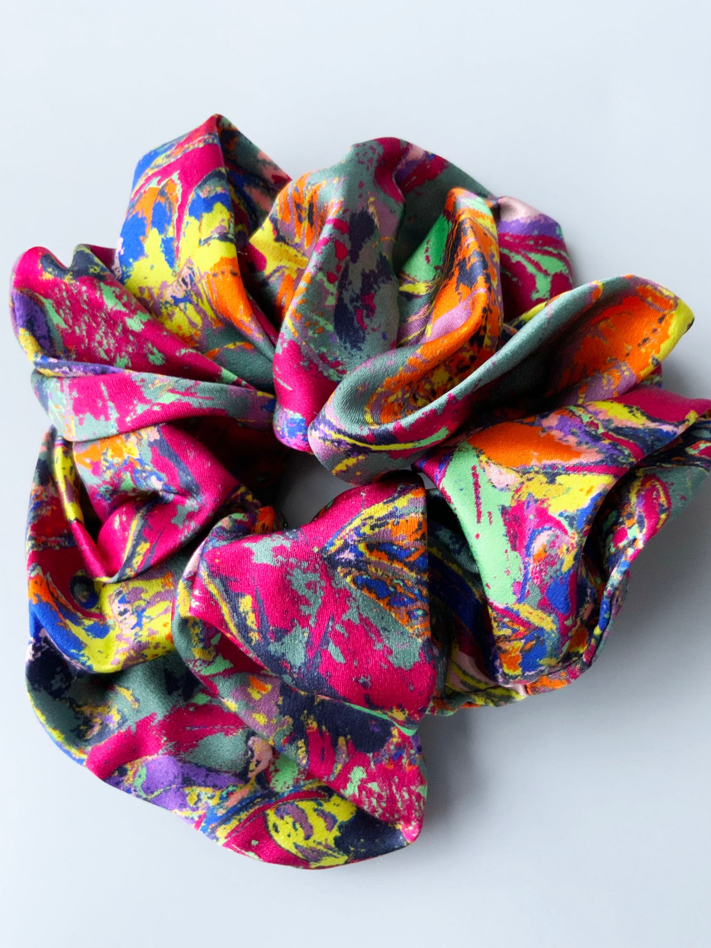 LANYA TROPICANA ZEST COLOURWAY ORCHADIA PRINT SILK SCRUNCHIE UPCLOSE