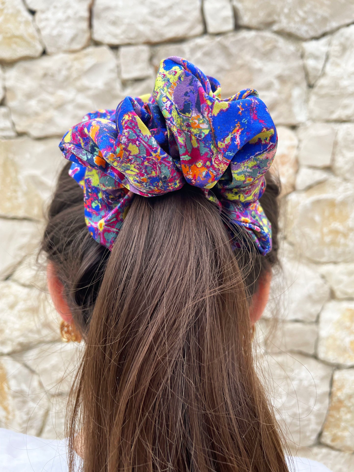 LANYA TROPICANA ZEST COLOURWAY REEF PRINTED SILK SCRUNCHIE WORN IN HAIR