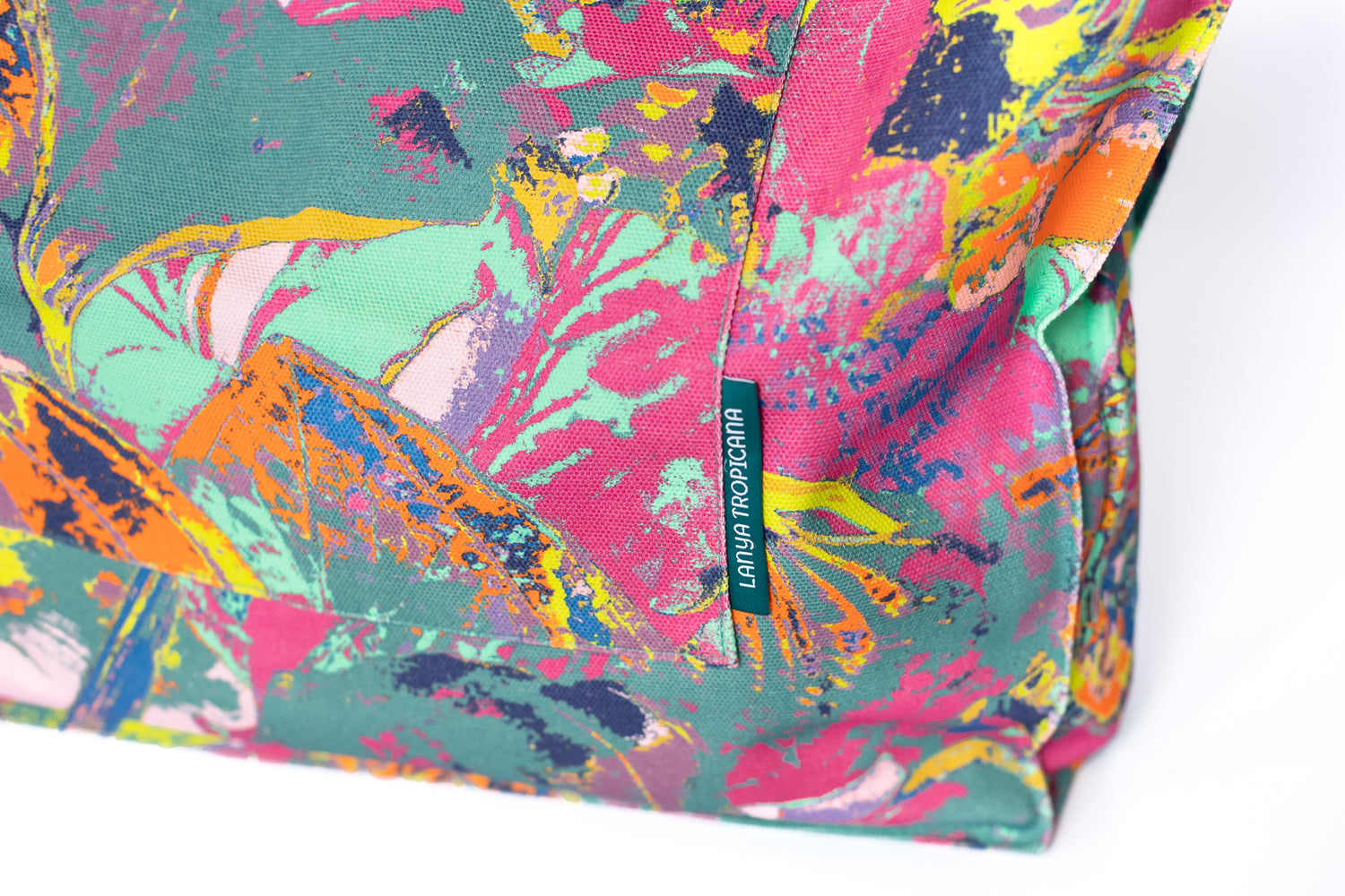 LANYA TROPICANA ZEST ORCHADIA PRINTED ORGANIC COTTON CANVAS COLOURFUL MAXIMAL SUSTAINABLE TOTE BAG BRAND LABEL WHITE BG