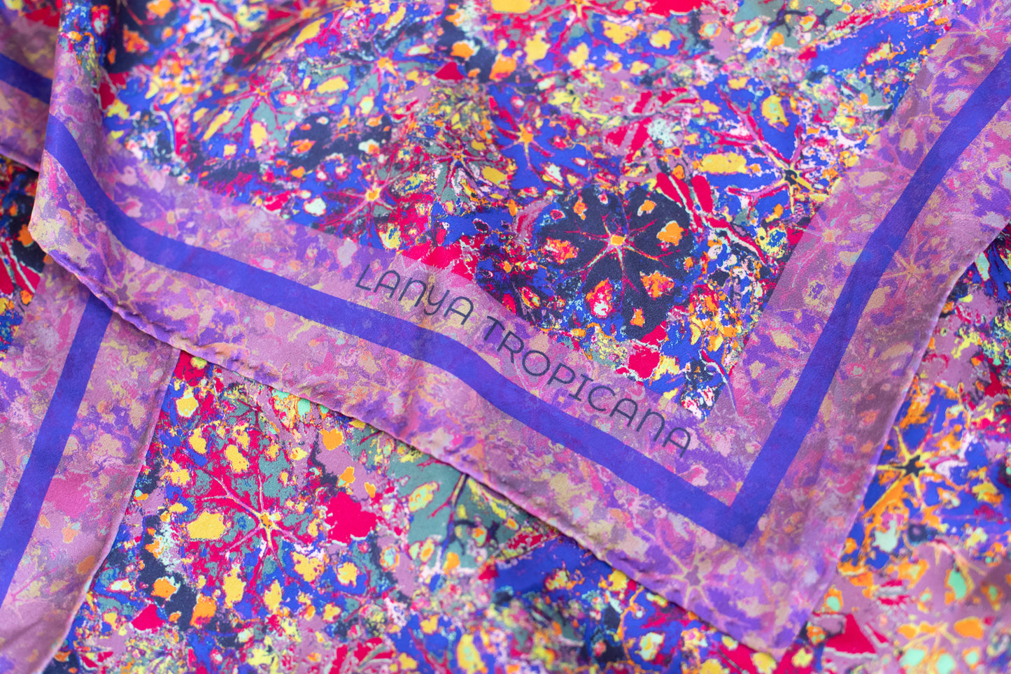 LANYA TROPICANA ZEST REEF PRINT ORGANIC SILK SCARF SQUARE FOLD FABRIC DETAIL