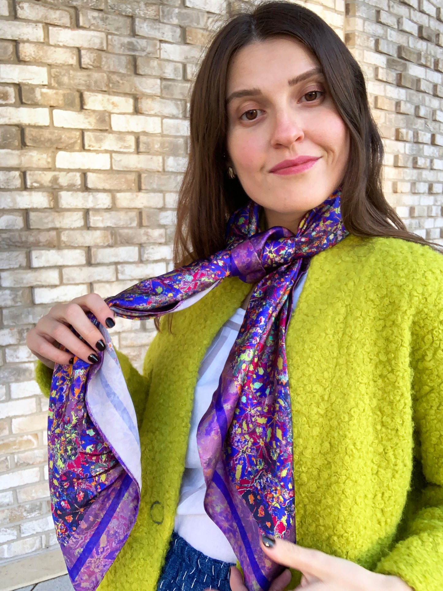 LANYA TROPICANA ZEST REEF PRINT ORGANIC SILK SCARF TIED WORN KNOTTED