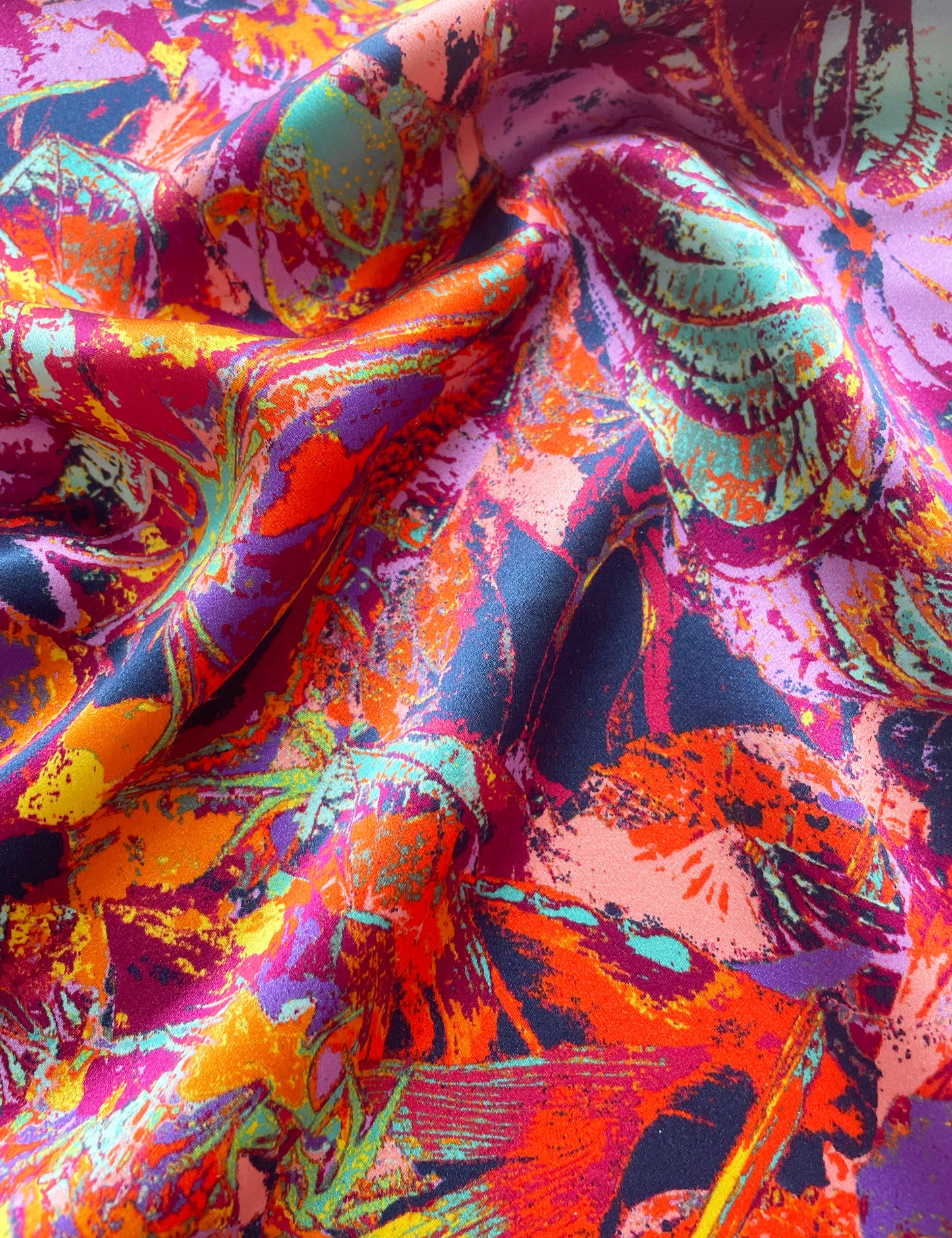 LANYA TROPICANA FROOTI ORCHADIA PRINT DETAIL UP CLOSE ZOOM ORGANIC SILK
