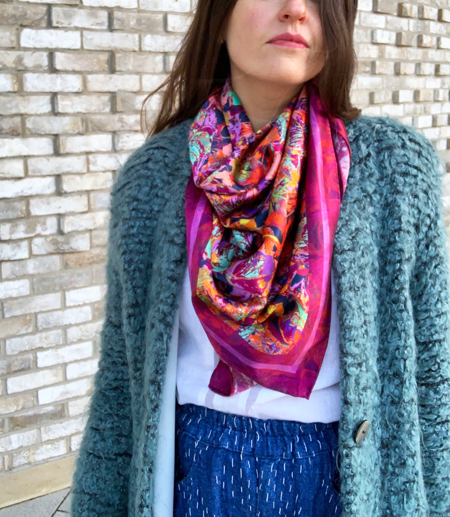 LANYA TROPICANA FROOTI ORCHADIA PRINT ORGANIC SILK HANDROLL HEMMED SCARF WORN