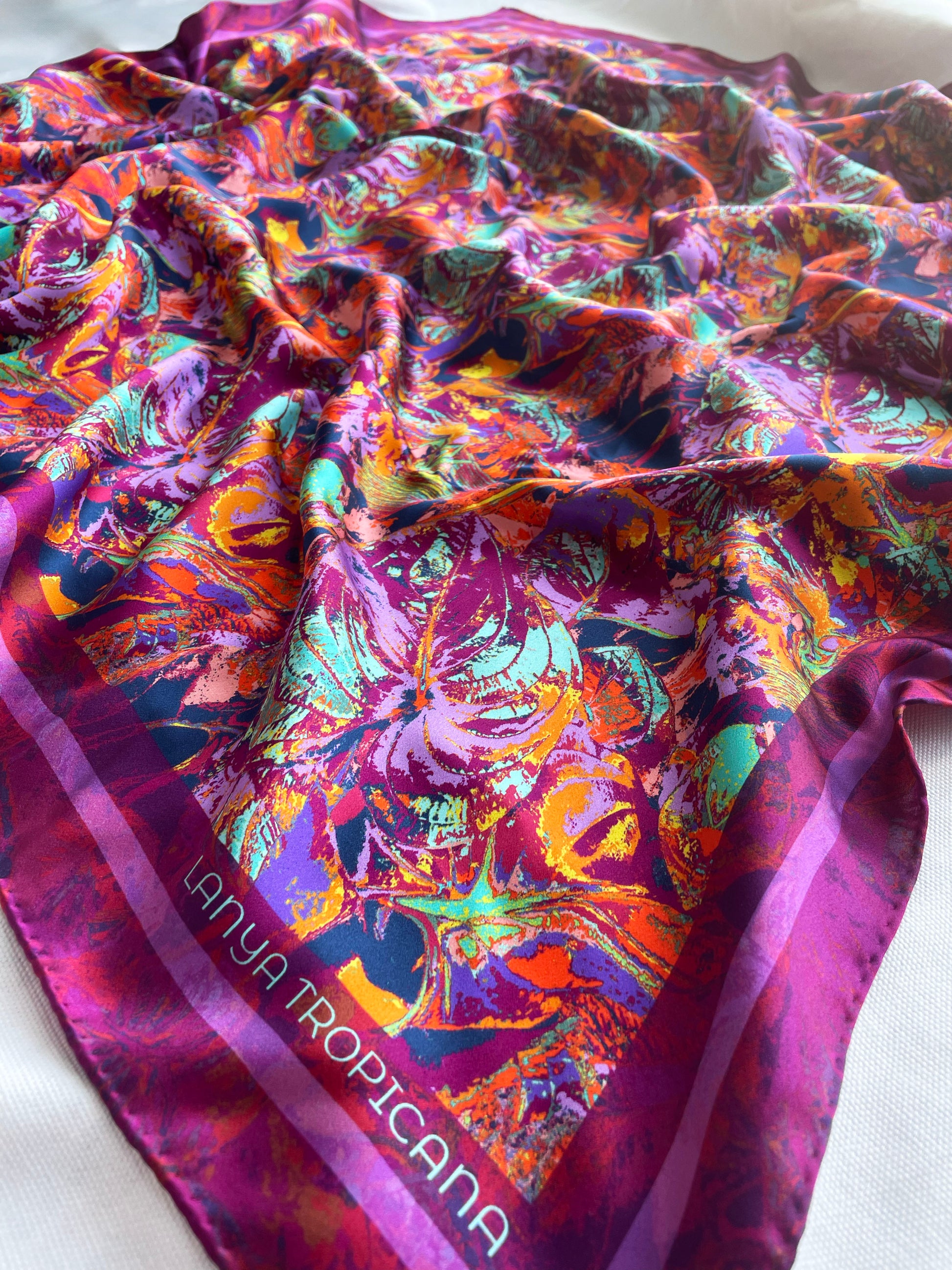 LANYA TROPICANA FROOTI ORCHADIA PRINT ORGANIC SILK SCARF EDGING DETAIL