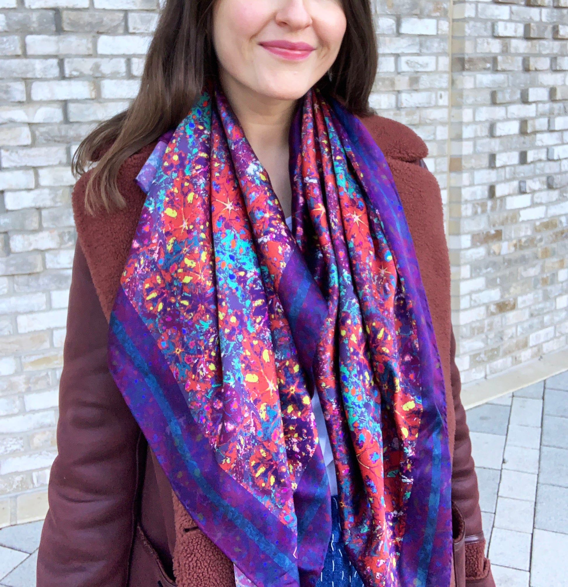 LANYA TROPICANA HAPPY SUNDOWN REEF PRINT ORGANIC SILK SCARF WORN UPCLOSE PATTERN DETAIL