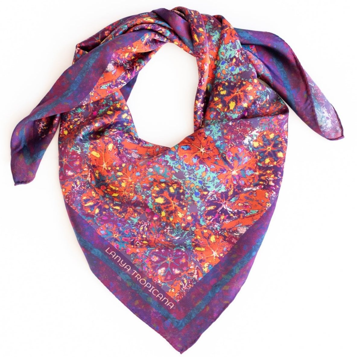 LANYA TROPICANA SUNDOWN REEF PRINT ORGANIC SILK SCARF SQUARE KNOTTED
